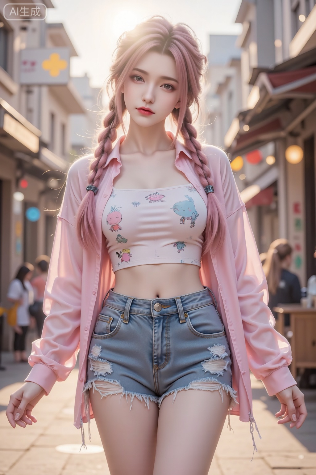 Masterpiece, the best quality, high quality,  huge breasts,,(pink hair:1.4),(long legs:1.3),（thin legs：1.4）,A cheerful Asian girl enjoying the city vibe, captured in a street photo. She's wearing a tube top, a pink overshirt with a playful pattern, and torn short shorts jeans. Her braided bangs are styled in a trendy way, and her large breasts are accentuated by the fitted top, with a hint of cleavage. Her thighs are smooth and well-proportioned. The street is filled with vibrant street art and young people. The shot is taken from a diagonal angle, adding dynamism to the scene. Photography settings: f/2.8 aperture for a soft, dreamy background blur. The shutter speed is 1/160s to capture her lively expression. Warm, late-afternoon sunlight bathes the scene in a golden hue,Lqiqi