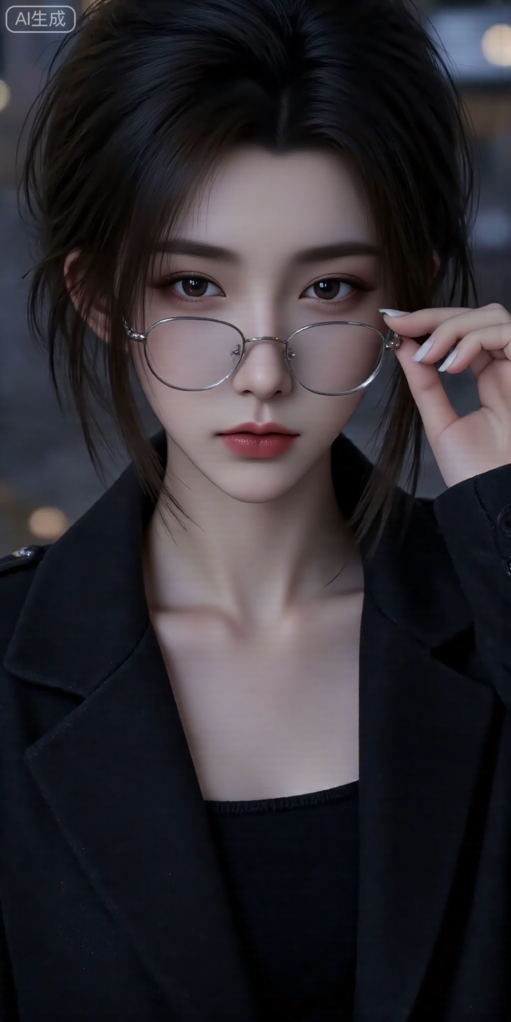 The young woman has a slightly messy black hair, a beautiful face, deep eyes and a blurry feeling. Wearing a black coat, simple inner wear. The color of the picture is dark, the light and shadow are soft and hazy, and the filter gives the picture an artistic sense and mysterious atmosphere. High-quality pictures, with a dark artistic style. The camera is a close-up, focusing on the character's face and upper body. Female holds glasses with slightly open lips, sexy and attractive expressions. The character has delicate face shape and deep facial features. The overall composition highlights the character's expression and temperament, and the background is blurred to emphasize the subject,Lqiqi