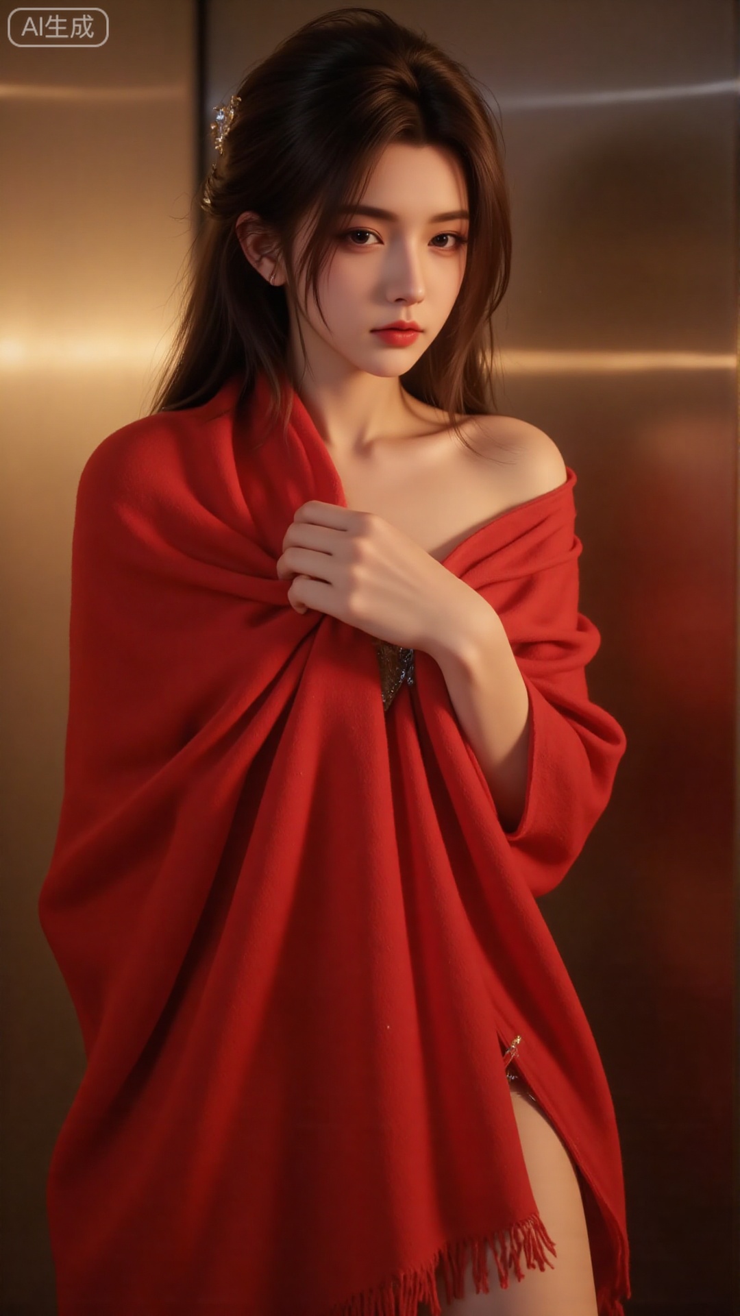A stunning 18-year-old Chinese woman wraps herself in a vibrant red scarf, posing seductively against a sleek, modern backdrop. Soft, golden lighting accentuates her porcelain complexion and luscious locks. The camera captures the dramatic play of shadows on her features as she confidently flaunts her curves,Lqiqi