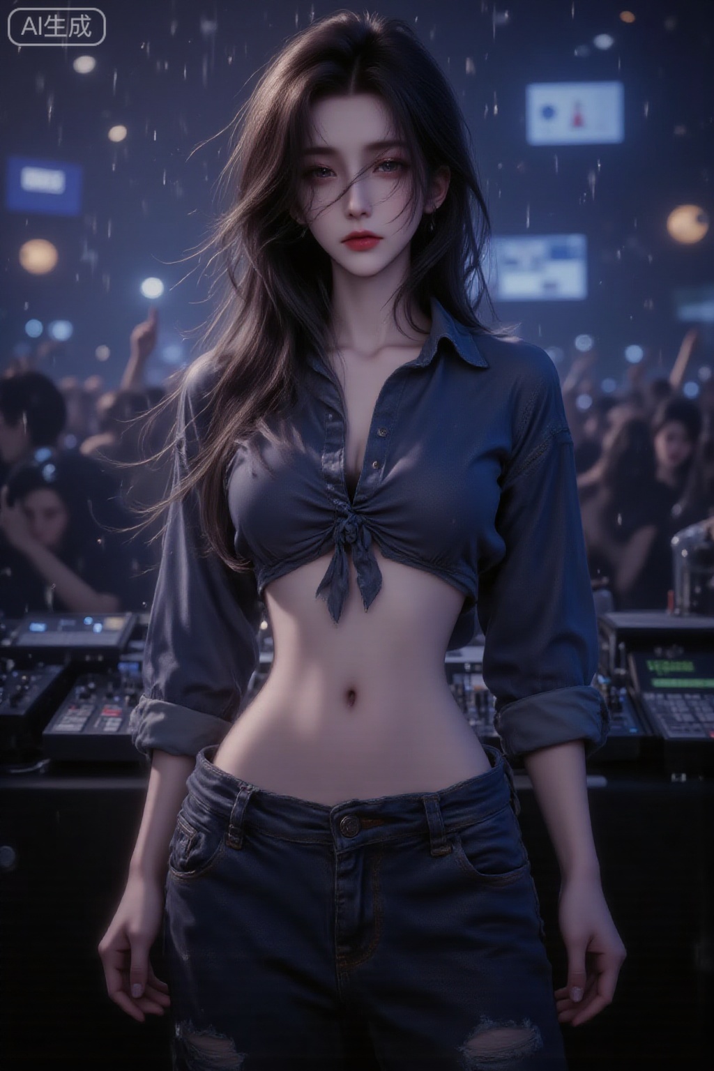 Nightclub girl,1girl, solo,short hair,black hair, navel, brown eyes, hair over one eye,midriff, pants,denim, jeans, realistic, nightclub, lights, dancing, crowd,electronic mixing console during rainfall,blue shirt,Lqiqi