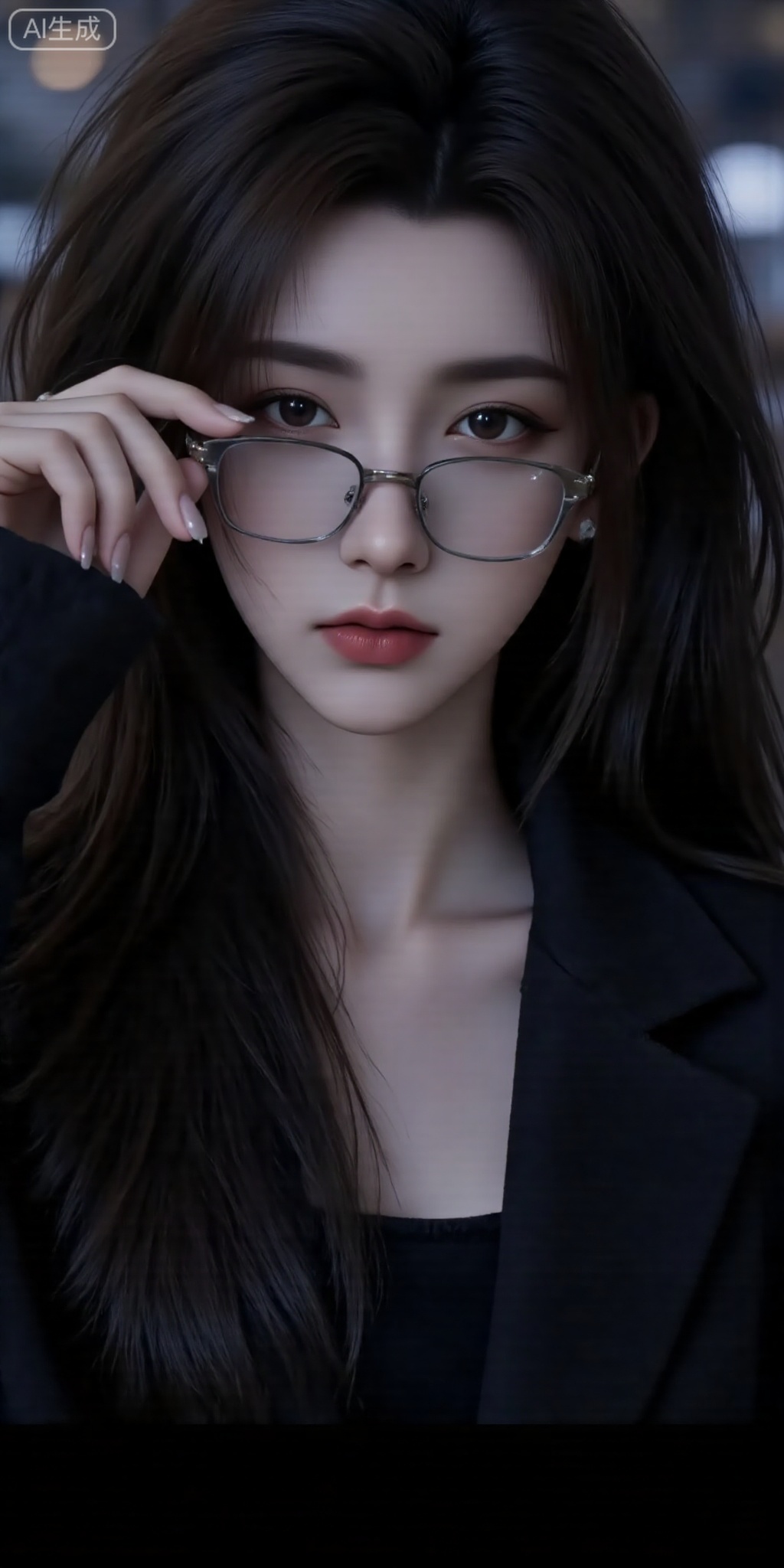 The young woman has a slightly messy black hair, a beautiful face, deep eyes and a blurry feeling. Wearing a black coat, simple inner wear. The color of the picture is dark, the light and shadow are soft and hazy, and the filter gives the picture an artistic sense and mysterious atmosphere. High-quality pictures, with a dark artistic style. The camera is a close-up, focusing on the character's face and upper body. Female holds glasses with slightly open lips, sexy and attractive expressions. The character has delicate face shape and deep facial features. The overall composition highlights the character's expression and temperament, and the background is blurred to emphasize the subject,Lqiqi