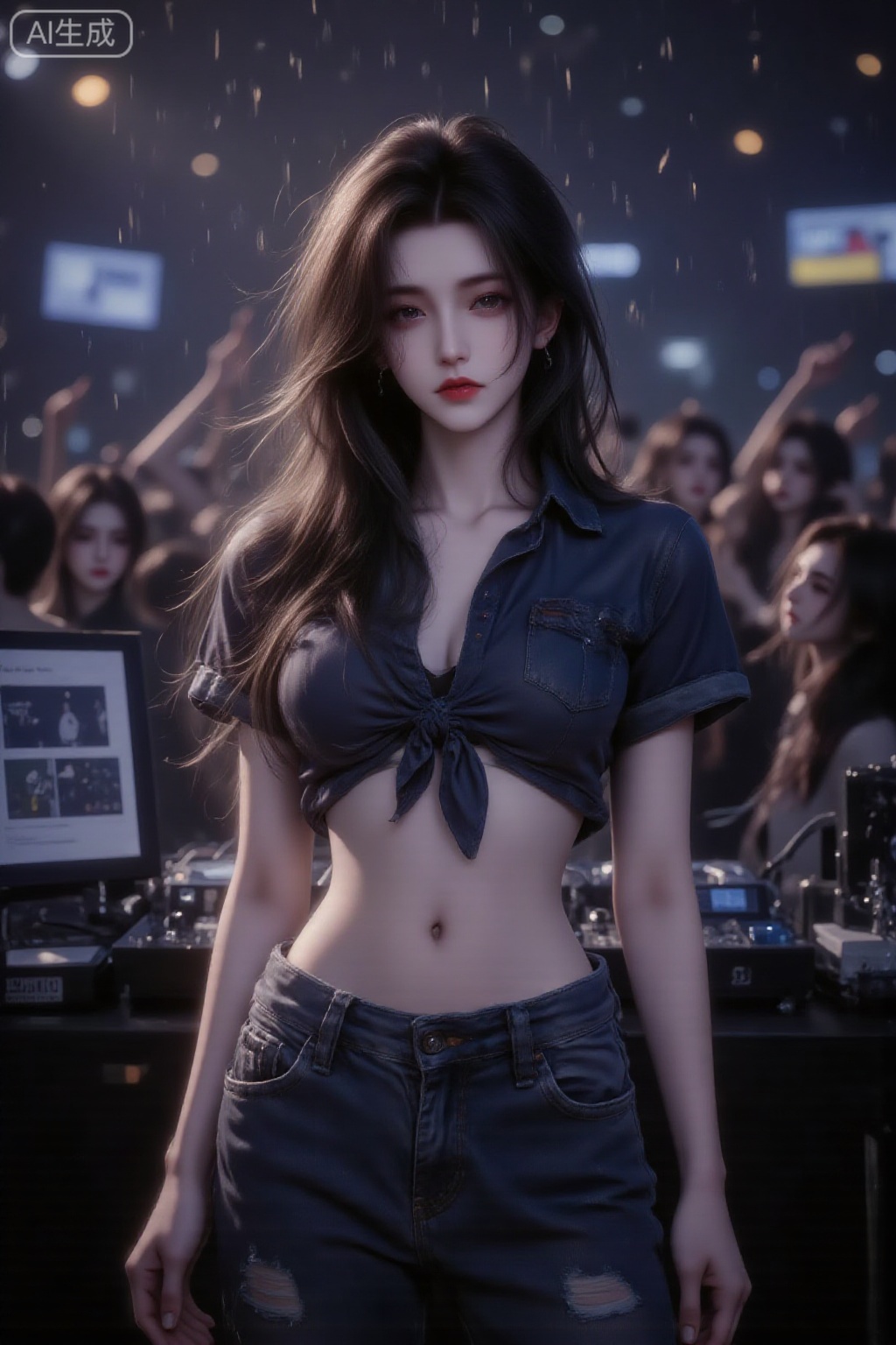 Nightclub girl,1girl, solo,short hair,black hair, navel, brown eyes, hair over one eye,midriff, pants,denim, jeans, realistic, nightclub, lights, dancing, crowd,electronic mixing console during rainfall,blue shirt,Lqiqi