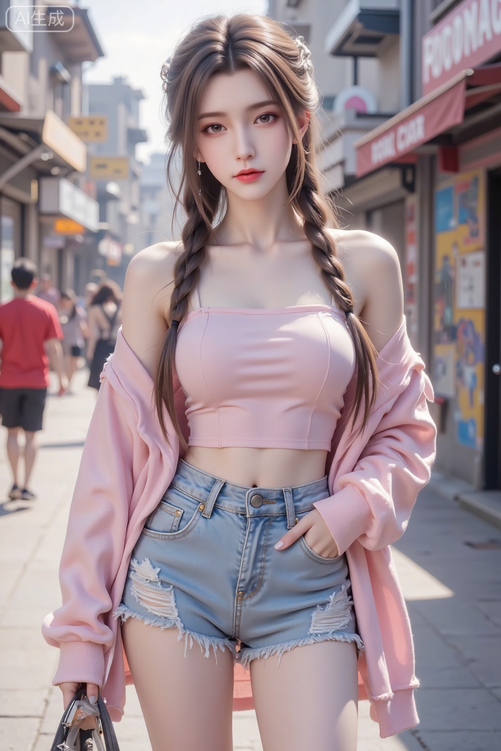 Masterpiece, the best quality, high quality,  huge breasts,,(pink hair:1.4),(long legs:1.3),（thin legs：1.4）,A cheerful Asian girl enjoying the city vibe, captured in a street photo. She's wearing a tube top, a pink overshirt with a playful pattern, and torn short shorts jeans. Her braided bangs are styled in a trendy way, and her large breasts are accentuated by the fitted top, with a hint of cleavage. Her thighs are smooth and well-proportioned. The street is filled with vibrant street art and young people. The shot is taken from a diagonal angle, adding dynamism to the scene. Photography settings: f/2.8 aperture for a soft, dreamy background blur. The shutter speed is 1/160s to capture her lively expression. Warm, late-afternoon sunlight bathes the scene in a golden hue,Lqiqi
