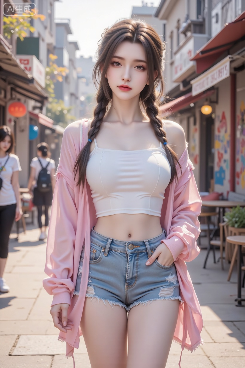 Masterpiece, the best quality, high quality,  huge breasts,,(pink hair:1.4),(long legs:1.3),（thin legs：1.4）,A cheerful Asian girl enjoying the city vibe, captured in a street photo. She's wearing a tube top, a pink overshirt with a playful pattern, and torn short shorts jeans. Her braided bangs are styled in a trendy way, and her large breasts are accentuated by the fitted top, with a hint of cleavage. Her thighs are smooth and well-proportioned. The street is filled with vibrant street art and young people. The shot is taken from a diagonal angle, adding dynamism to the scene. Photography settings: f/2.8 aperture for a soft, dreamy background blur. The shutter speed is 1/160s to capture her lively expression. Warm, late-afternoon sunlight bathes the scene in a golden hue,Lqiqi