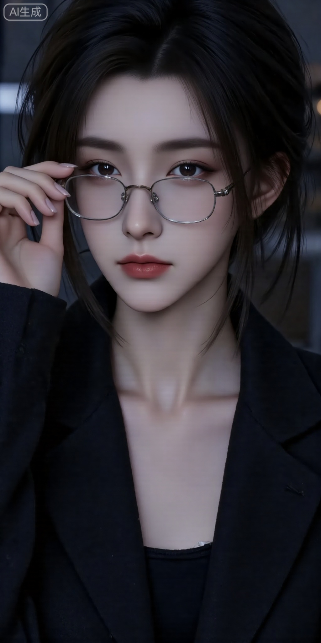 The young woman has a slightly messy black hair, a beautiful face, deep eyes and a blurry feeling. Wearing a black coat, simple inner wear. The color of the picture is dark, the light and shadow are soft and hazy, and the filter gives the picture an artistic sense and mysterious atmosphere. High-quality pictures, with a dark artistic style. The camera is a close-up, focusing on the character's face and upper body. Female holds glasses with slightly open lips, sexy and attractive expressions. The character has delicate face shape and deep facial features. The overall composition highlights the character's expression and temperament, and the background is blurred to emphasize the subject,Lqiqi