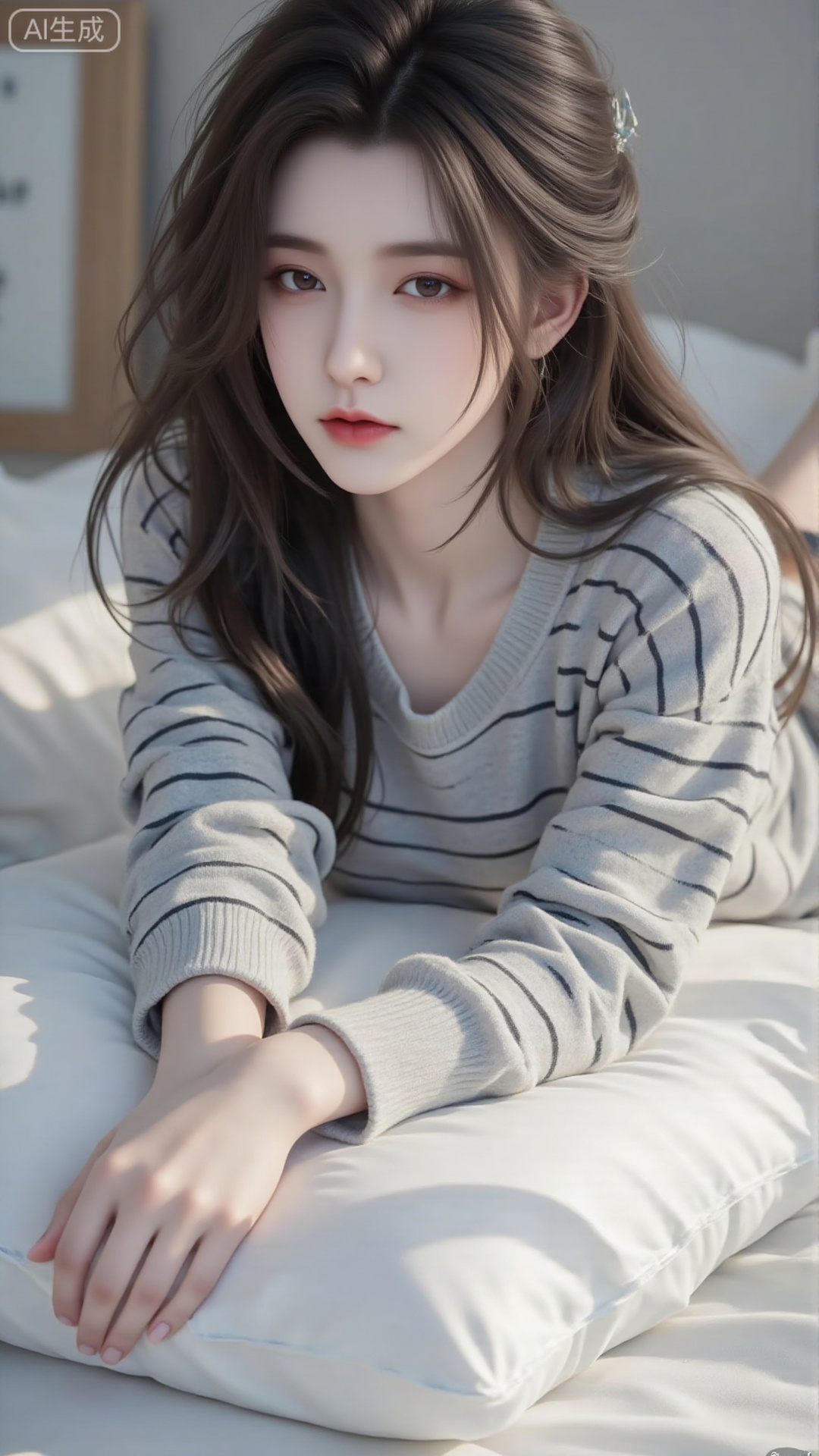 This picture uses close-up shots to present a high-definition and realistic picture. The picture shows a young woman lying on a white pillow, wearing a gray-black striped top. The long black hair naturally scattered, and the posture looked relaxed and comfortable. The background is a simple indoor environment, with soft tones on the walls and furniture, bright and soft light, illuminating from the side, clearly showing the character's hair texture, clothing details and relaxed expression. The overall picture conveys a warm and leisurely atmosphere,Lqiqi