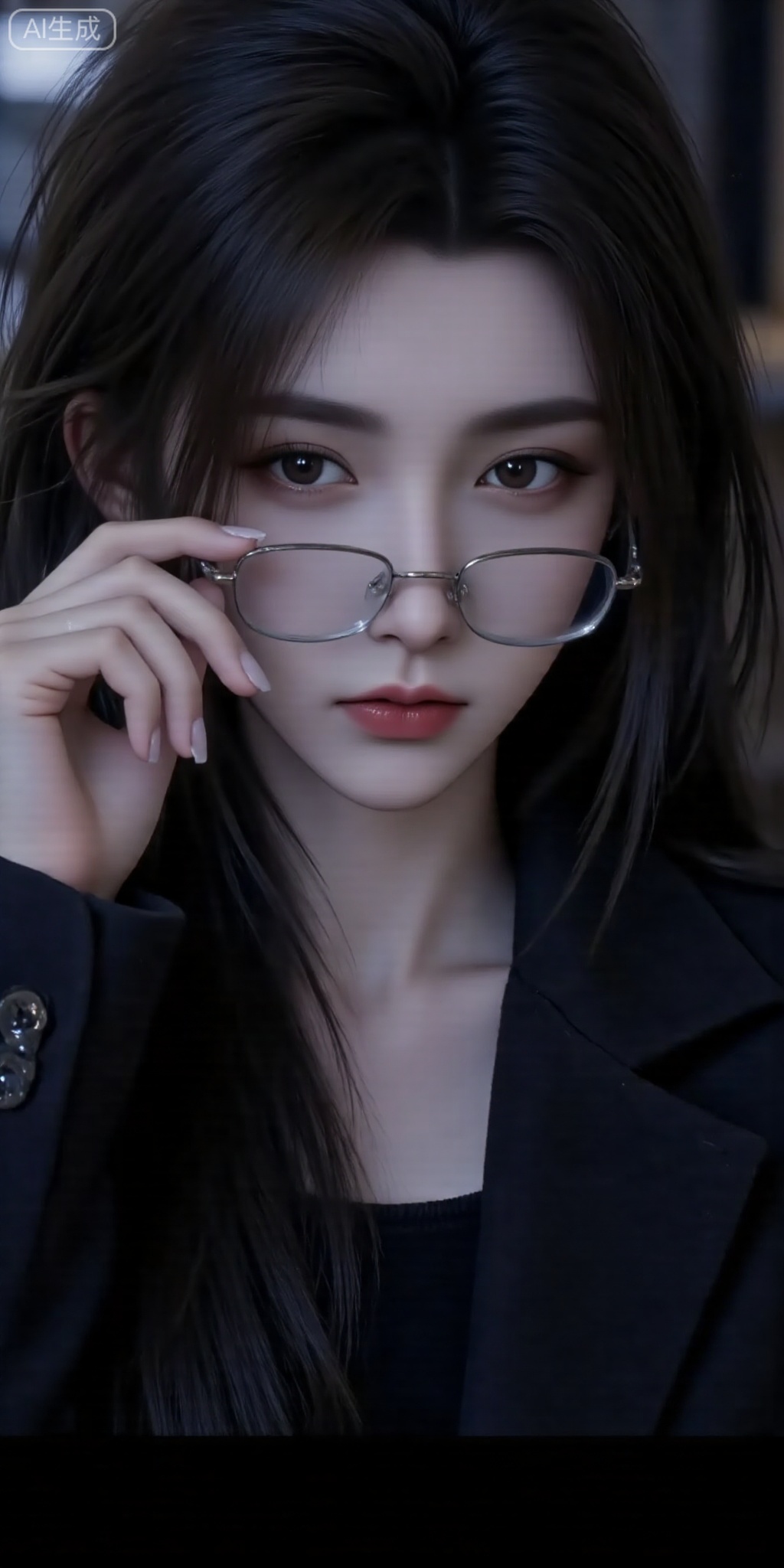 The young woman has a slightly messy black hair, a beautiful face, deep eyes and a blurry feeling. Wearing a black coat, simple inner wear. The color of the picture is dark, the light and shadow are soft and hazy, and the filter gives the picture an artistic sense and mysterious atmosphere. High-quality pictures, with a dark artistic style. The camera is a close-up, focusing on the character's face and upper body. Female holds glasses with slightly open lips, sexy and attractive expressions. The character has delicate face shape and deep facial features. The overall composition highlights the character's expression and temperament, and the background is blurred to emphasize the subject,Lqiqi