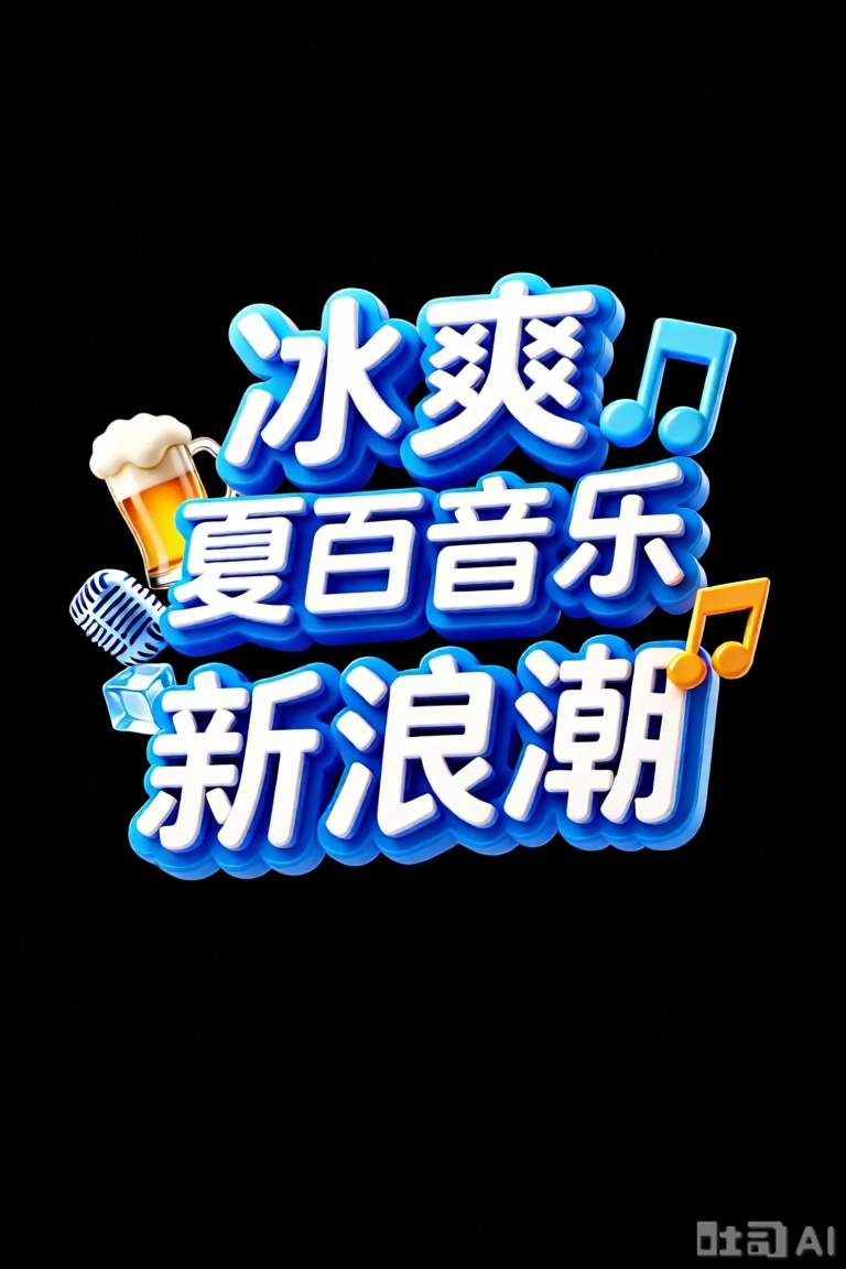 字体设计,字体偏圆形粗体,手写感,高级3d电商风格,中文“冰爽夏日音乐新浪潮”分成两行,重点突出文字,点缀夏日立体元素如带着冰块、啤酒、音乐符号、麦克风点缀在文字背后,简单图形,高级感,多巴胺色彩,3d渲染,超逼真材质细节质感,纯黑色背景,高清,大师作品。