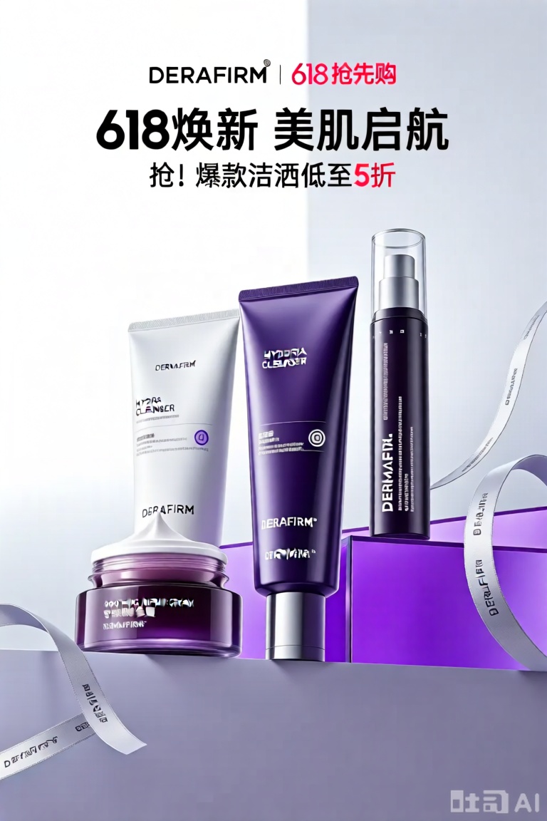 帮我生成一张图片：这是一张DERMAFIRM品牌的618抢先购促销广告图。画面上方有“DERAFIRM”与“618抢先购”标识,主标题为“618焕新美肌启航,抢！爆款洁面低至5折”,文字排版。图中展示三款护肤品：一支白色管装的“HYDRA CLEANSER”洁面乳,一支紫色管装护肤品,以及一个紫色玻璃罐装的“SOOTHING REPAIR CREAM”舒缓修复霜,均带有“DERMRM”品牌标识,产品为主观镜头拍摄,主要显示产品,放大,特写镜头给到产品,产品拍摄角度为仰视45度角,全息投影,3D立体效果,极简主义。背景为浅色调,搭配透明与紫色薄地台子从右往左延伸出来产品在上装饰元素,还有印有品牌及活动标识的银色丝带点缀,实验室器皿点缀,促销信息突出,既强化了品牌的专业属性,又充分烘托出年终大促的热烈气氛,极具吸引力与转化力。比例9:16