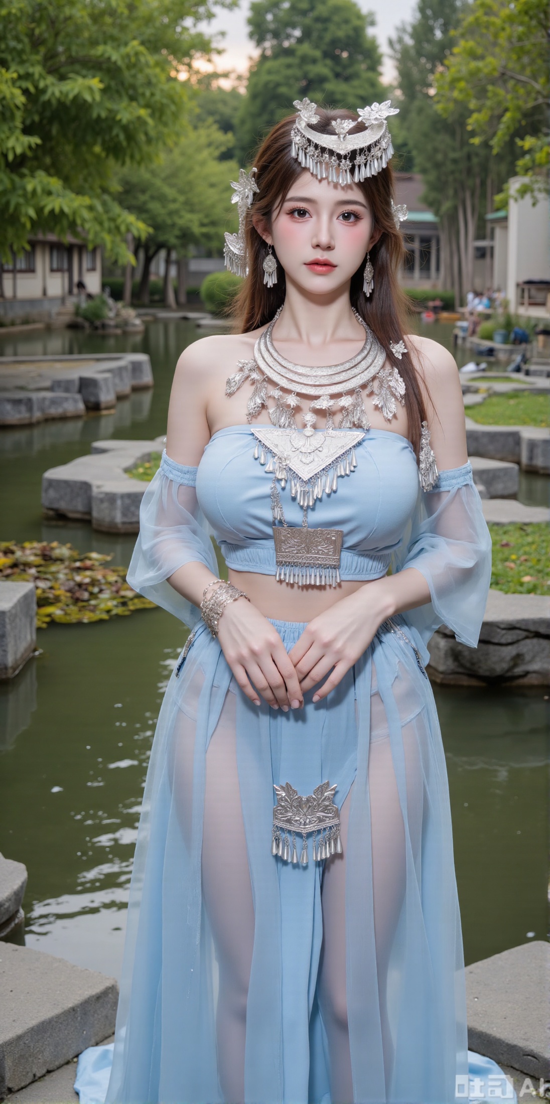 (masterpiece,best quality:1.23),Miao girl, casual style, perfect hourglass figure, full breasts, tight-fitting top, flowing skirt, delicate silver jewelry, Miao clothing, traditional Chinese garden, rockeries, koi pond, bamboo grove, peaceful atmosphere, soft lighting,(huge breasts, full breasts:2.99),XyunxiaoYH3,Xfenlanzhanguopao,XbaifengsongyuYH,Xbigbreasts,XLiquidGlass,XnanxiaochengYH,Xmiaozufushi