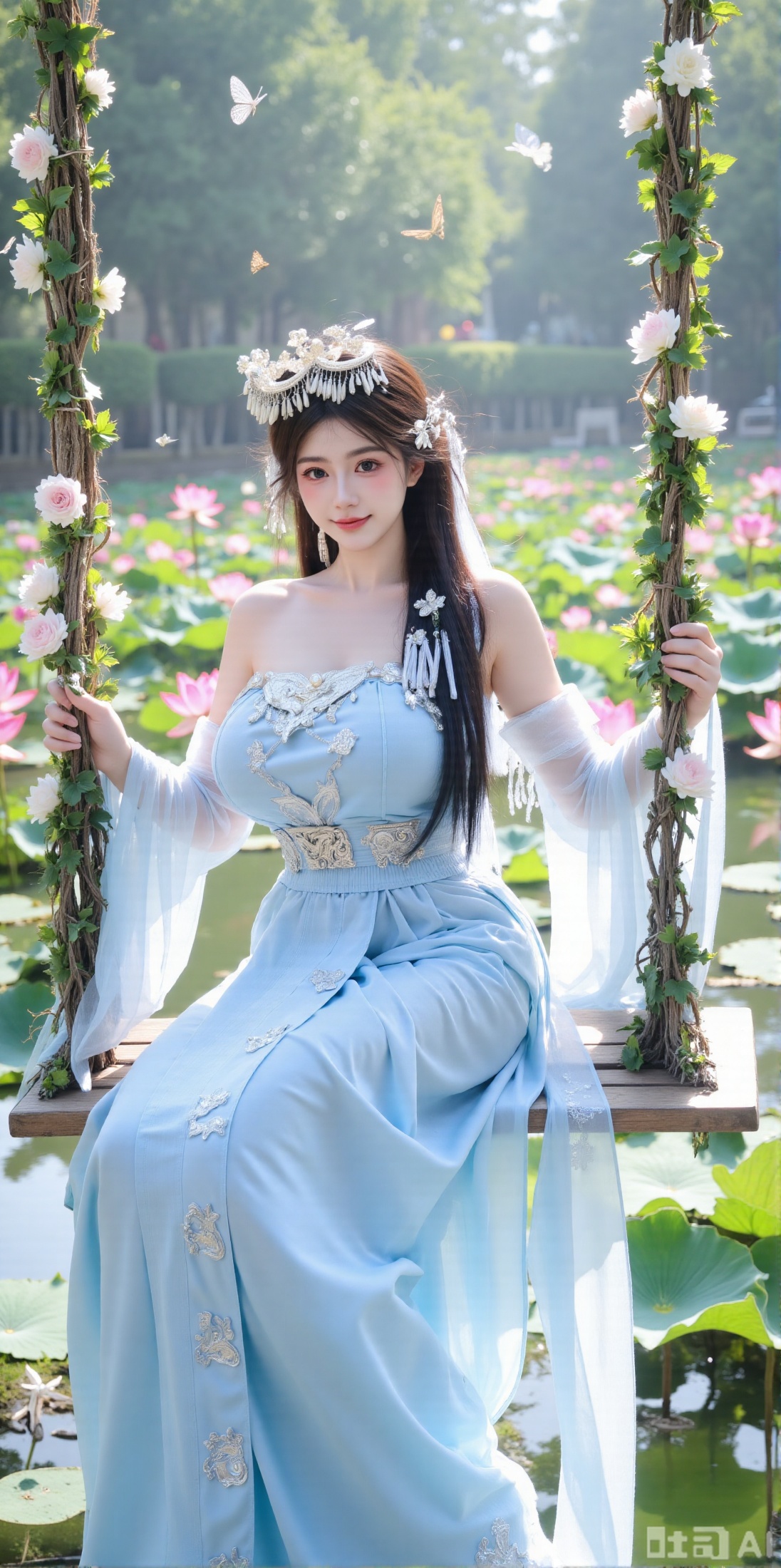 (masterpiece, best quality:1.2),1girl, In a cinematic shot with soft sunlight filtering through petals, a delicate fairy-like beauty swings gently on a flower swing amidst a whimsical garden. She wears a pale blue hanfu with flowing wide sleeves and a translucent silk sash tied around her slender figure. Her long black hair with blue highlights cascades down her back, adorned with a pearl hairpin. A gentle smile plays on her innocent eyes as she floats above the flowers, surrounded by fluttering butterflies and golden pollen particles. Magical runes float in the air, casting an ethereal glow. Vines wrap around the ropes of the swing, intertwined with roses and morning glories. The pastel color palette and fantasy atmosphere evoke a sense of wonder and enchantment,(huge breasts:2.99),(full breasts:2.99),,(Background with lotus pond and pink lotus flowers:1.39),,XyunxiaoYH3,Xfenlanzhanguopao,XbaifengsongyuYH,Xbigbreasts,XLiquidGlass,XnanxiaochengYH,Xmiaozufushi