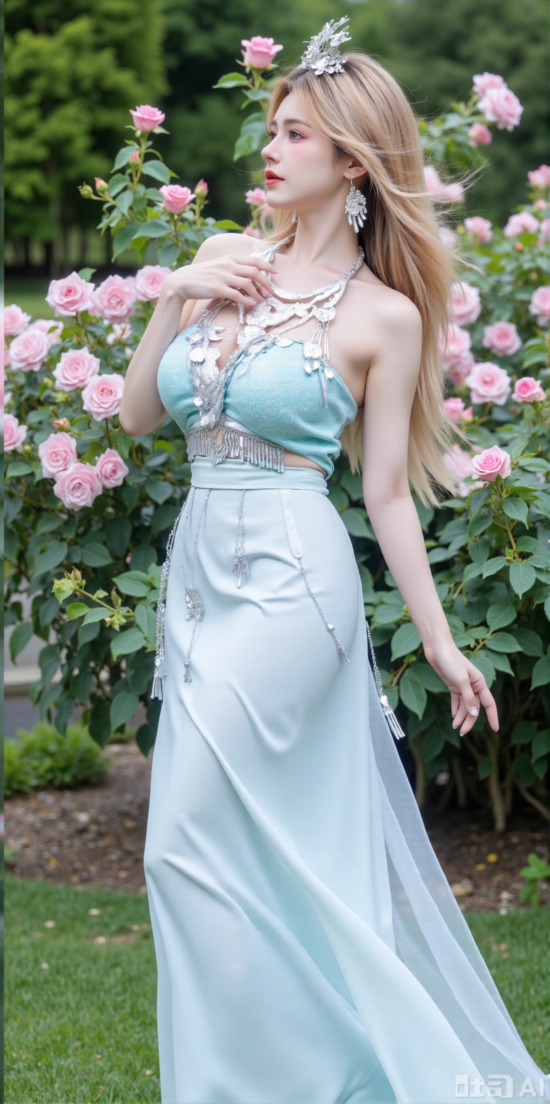 (masterpiece:1.2),best quality,,A woman ,(long dress),A garden filled with pink roses and lush greenery. Soft pastel hues of white,blue,and green,creating a serene atmosphere. Photorealistic photography.,,(huge breasts:2.99),(full breasts:2.99),XyunxiaoYH3,Xfenlanzhanguopao,XbaifengsongyuYH,Xbigbreasts,XLiquidGlass,XnanxiaochengYH,Xmiaozufushi