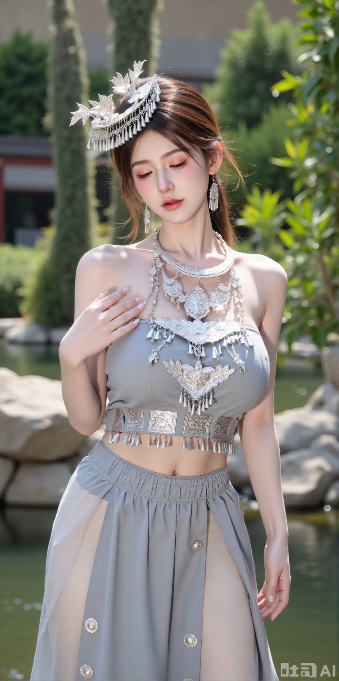 (masterpiece,best quality:1.23),Miao girl, casual style, perfect hourglass figure, full breasts, tight-fitting top, flowing skirt, delicate silver jewelry, Miao clothing, traditional Chinese garden, rockeries, koi pond, bamboo grove, peaceful atmosphere, soft lighting,(huge breasts, full breasts:2.99),XyunxiaoYH3,Xfenlanzhanguopao,XbaifengsongyuYH,Xbigbreasts,XLiquidGlass,XnanxiaochengYH,Xmiaozufushi