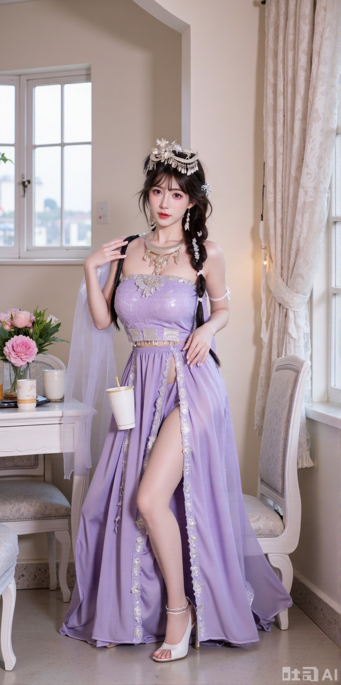  (masterpiece:1.2),Ultra clear, 8k, 1girl, solo, long hair, looking at viewer, bangs,long dress,, bare shoulders, jewelry, black hair, standing, purple eyes, full body, flower, thighs, indoors, hair bun, long dress, high heels, cup, see-through, book, bare legs, window, table, white footwear, standing on one leg, curtains, pink flower, side slit, vase, ,(huge breasts:2.99),(full breasts:2.99),,XyunxiaoYH3,Xfenlanzhanguopao,XbaifengsongyuYH,Xbigbreasts,XLiquidGlass,XnanxiaochengYH,Xmiaozufushi