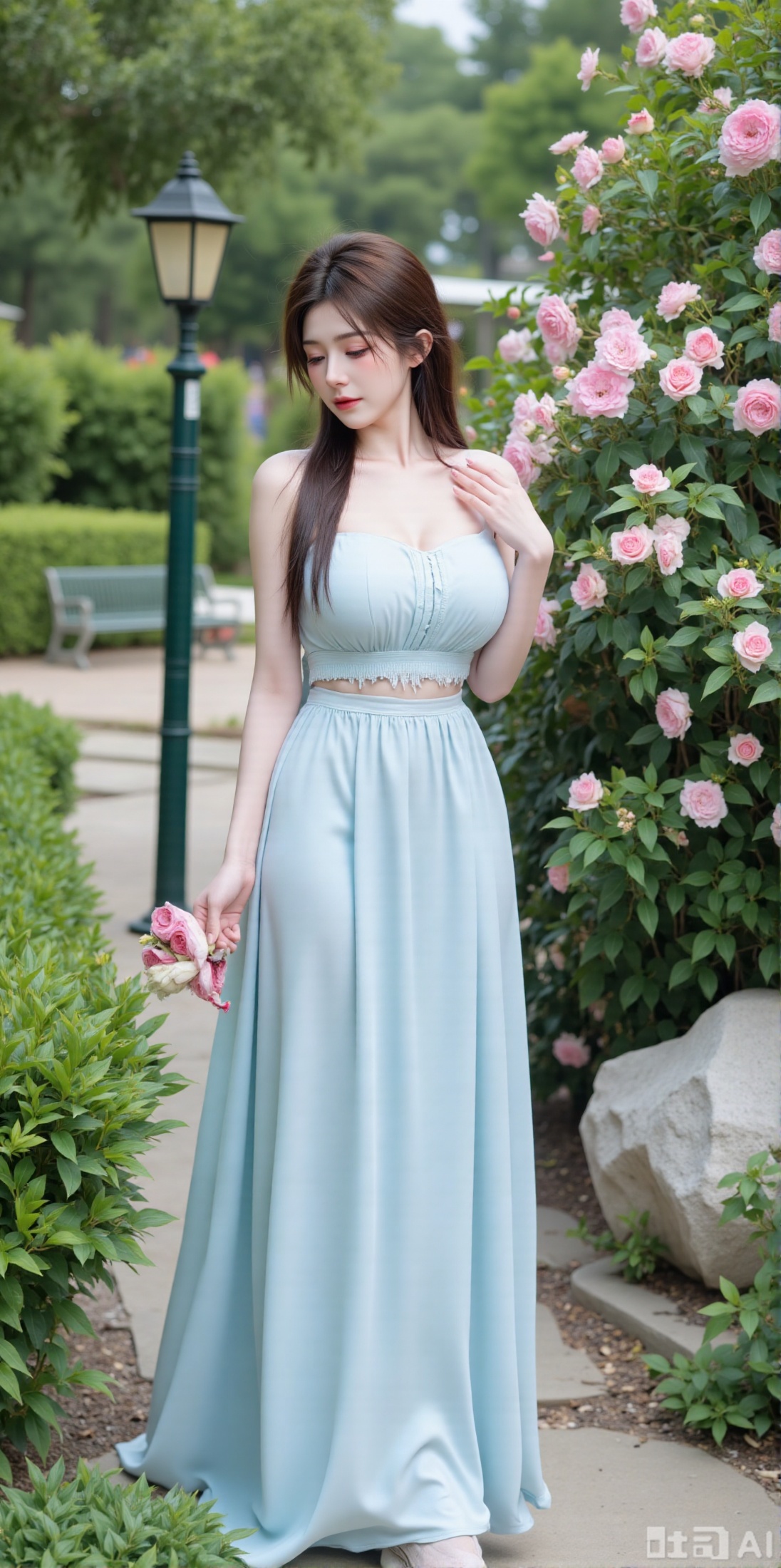 (masterpiece:1.2),best quality,,A woman ,(long dress),A garden filled with pink roses and lush greenery. Soft pastel hues of white,blue,and green,creating a serene atmosphere. Photorealistic photography.,,(huge breasts:2.99),(full breasts:2.99),XyunxiaoYH3,Xfenlanzhanguopao,XbaifengsongyuYH,Xbigbreasts,XLiquidGlass,XnanxiaochengYH,Xmiaozufushi