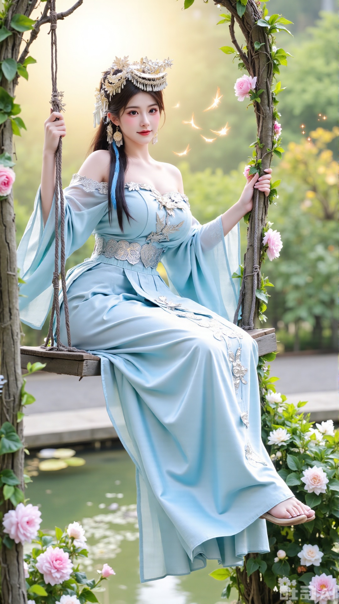 (masterpiece, best quality:1.2),In a cinematic shot with soft sunlight filtering through petals, a delicate fairy-like beauty swings gently on a flower swing amidst a whimsical garden. She wears a pale blue hanfu with flowing wide sleeves and a translucent silk sash tied around her slender figure. Her long black hair with blue highlights cascades down her back, adorned with a pearl hairpin. A gentle smile plays on her innocent eyes as she floats above the flowers, surrounded by fluttering butterflies and golden pollen particles. Magical runes float in the air, casting an ethereal glow. Vines wrap around the ropes of the swing, intertwined with roses and morning glories. The pastel color palette and fantasy atmosphere evoke a sense of wonder and enchantment.,(huge breasts:2.99),(full breasts:2.99),,Xaili2,XyunxiaoYH5,XlinziyueXZ,XtuliH,Xbigbreasts,XMedusaQueen,Xmiaozushaonv,Xkejinnvdi,Xbijinvshen