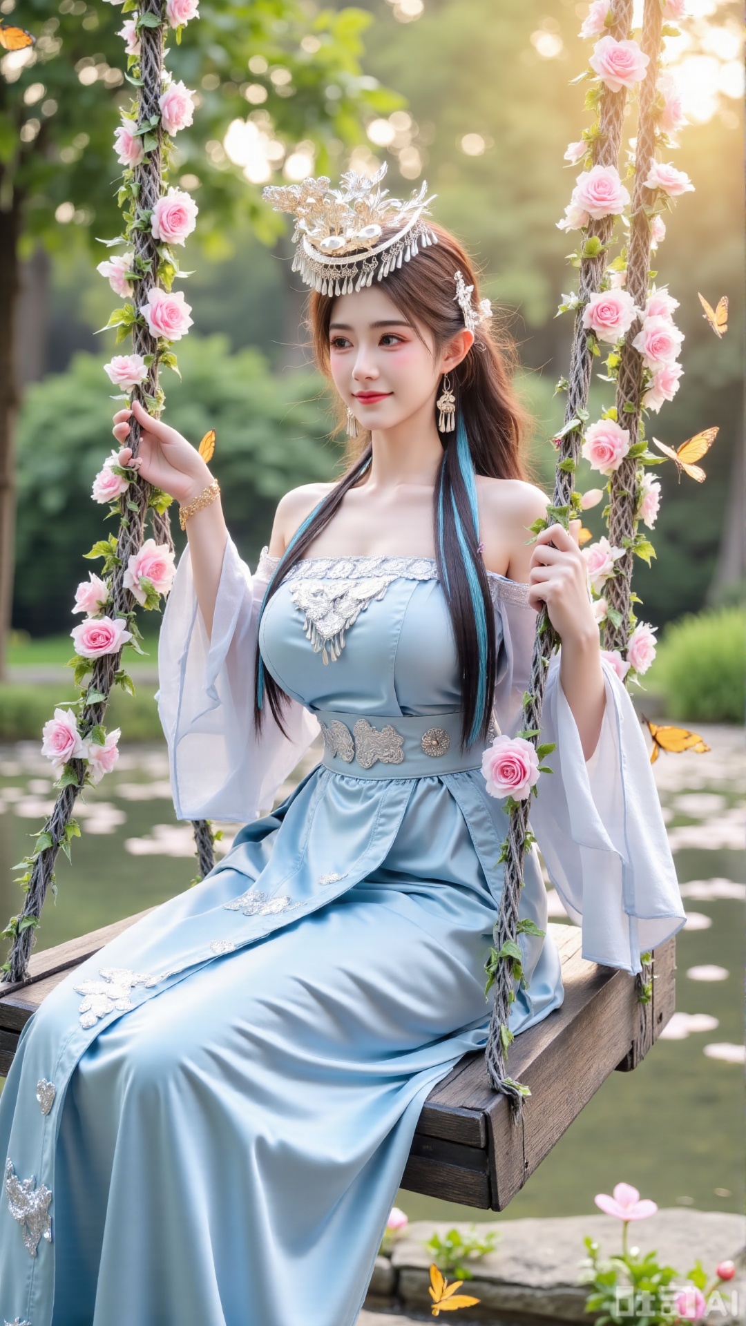 (masterpiece, best quality:1.2),In a cinematic shot with soft sunlight filtering through petals, a delicate fairy-like beauty swings gently on a flower swing amidst a whimsical garden. She wears a pale blue hanfu with flowing wide sleeves and a translucent silk sash tied around her slender figure. Her long black hair with blue highlights cascades down her back, adorned with a pearl hairpin. A gentle smile plays on her innocent eyes as she floats above the flowers, surrounded by fluttering butterflies and golden pollen particles. Magical runes float in the air, casting an ethereal glow. Vines wrap around the ropes of the swing, intertwined with roses and morning glories. The pastel color palette and fantasy atmosphere evoke a sense of wonder and enchantment.,(huge breasts:2.99),(full breasts:2.99),,Xaili2,XyunxiaoYH5,XlinziyueXZ,XtuliH,Xbigbreasts,XMedusaQueen,Xmiaozushaonv,Xkejinnvdi,Xbijinvshen