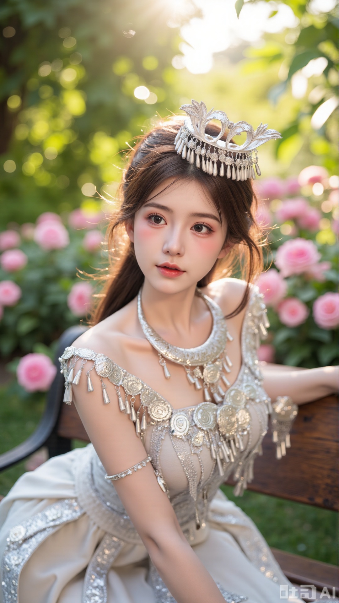 (masterpiece, best quality:1.2),A beauty ,(dress). Leaning on a garden bench filled with macaron - colored flowers,.Sunlight filters through the leaves onto her face, creating a lazy and gentle atmosphere, and her skirt sways softly in the breeze. 8K resolution, detailed texture of knitted fabric, lustrous pearl texture, vivid flower colors, soft natural light, Instagram - style filter texture.,,Xaili2,XyunxiaoYH5,XlinziyueXZ,XtuliH,Xbigbreasts,XMedusaQueen,Xmiaozushaonv,Xkejinnvdi,Xbijinvshen