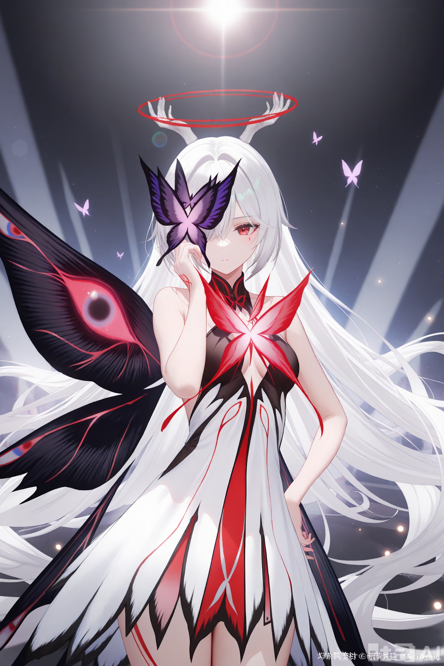 khaos lv.1,1girl, long hair, hair ornament, red eyes, dress, bare shoulders, very long hair, white hair, heart, wings, white dress, tattoo, halo, bug, butterfly, butterfly wings,butterfly over one eye,depth of field, light particles, lens flare, masterpiece,best quality,((artist:reoen),(artist:fuzichoco),(artist:atdan),(artist:torino_aqua:0.5),year 2024:0.5),(artist:omone_hokoma_agm:0.8), 2d, anime,cowboy shot