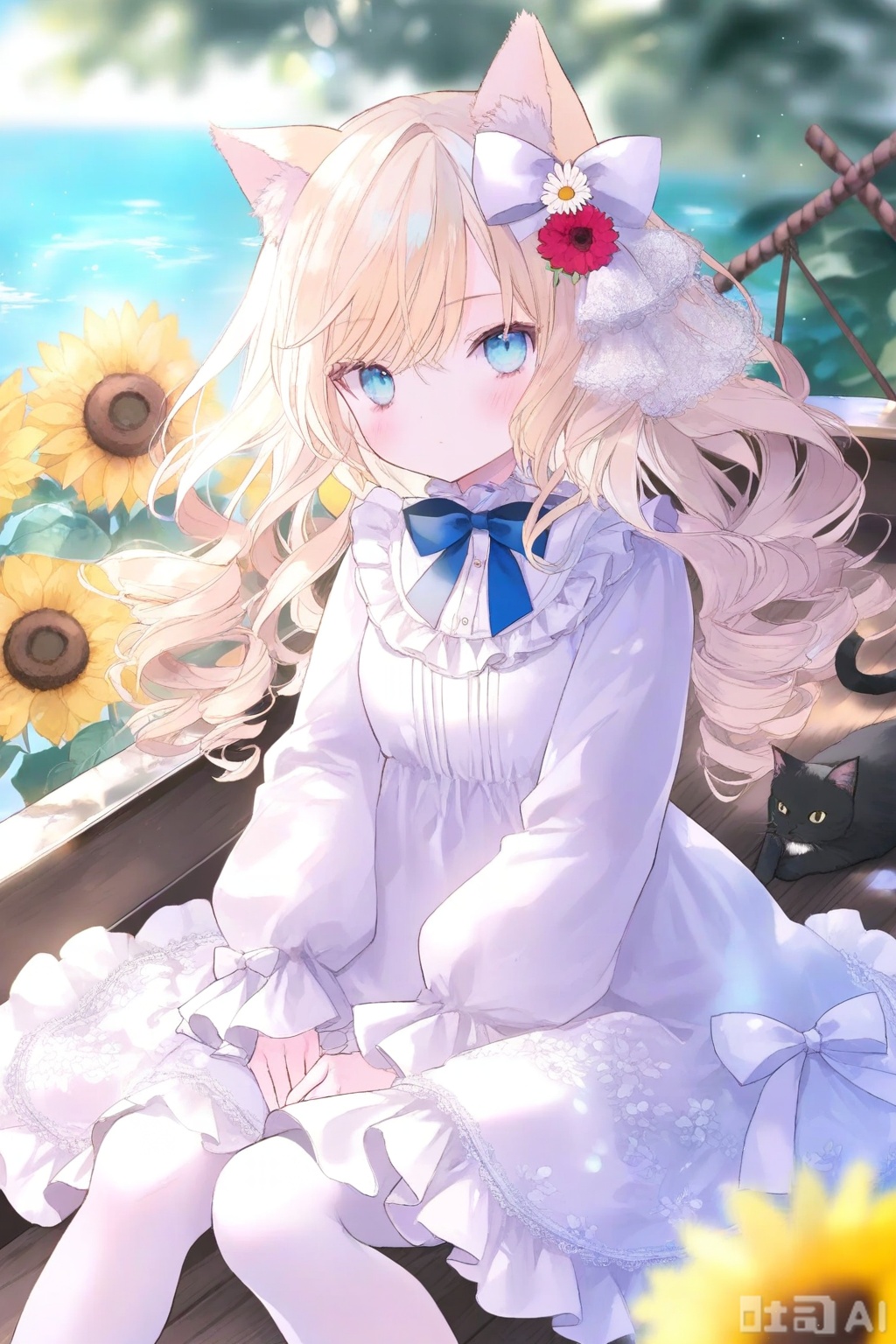 1girl, animal, animal_ears, blonde_hair, blue_bow, blue_eyes, blurry, blush, boat, bow, cat, cat_ears, curly_hair, day, depth_of_field, dot_nose, dress, dress_bow, expressionless, floral_print, flower, frilled_dress, frilled_sleeves, frills, hair_between_eyes, hair_bow, hair_flower, hair_ornament, highres, leaf, long_dress, long_hair, long_sleeves, looking_at_viewer, original, outdoors, pantyhose, red_flower, sitting, solo, sunflower, water, watercraft, white_bow, white_dress, white_flower, white_pantyhose, yellow_flower