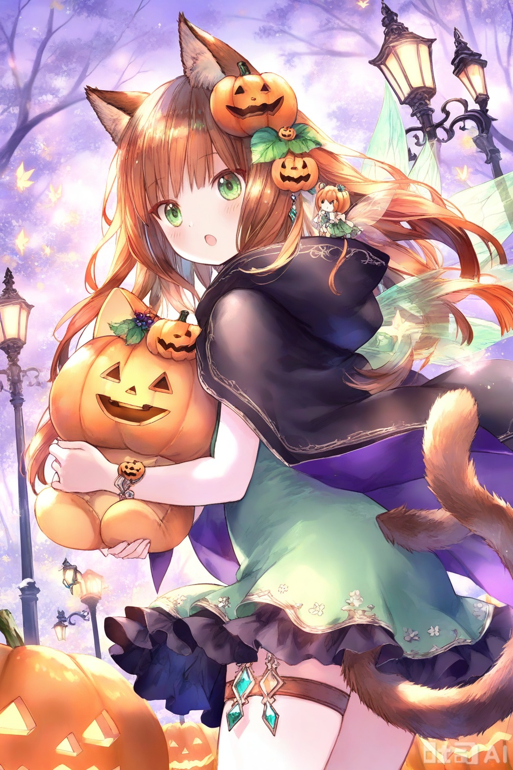 1girl, :o, animal_ears, brown_eyes, cat_ears, cat_girl, cat_tail, cloak, commentary_request, copyright_notice, cowboy_shot, cygames, dress, fairy, fairy_wings, food-themed_hair_ornament, frilled_skirt, frills, from_behind, green_dress, green_eyes, hair_ornament, highres, holding, holding_stuffed_toy, jack-o'-lantern, jewelry, lamppost, long_hair, looking_at_viewer, looking_back, official_art, open_mouth, pumpkin_hair_ornament, shingeki_no_bahamut, skirt, strapless, strapless_dress, stuffed_toy, tail, thigh_strap, tree, wings