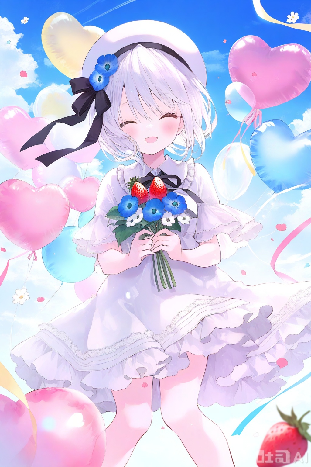 1girl, :d, ^_^, absurdres, balloon, black_ribbon, blue_flower, blue_sky, closed_eyes, cloud, collared_dress, commentary, day, dress, eshi_100_nin_ten, facing_viewer, feet_out_of_frame, flower, food, frilled_dress, frills, fruit, hair_between_eyes, hair_flower, hair_ornament, hat, heart_balloon, highres, holding, holding_flower, neck_ribbon, original, ribbon, short_sleeves, sky, smile, solo, strawberry, white_dress, white_flower, white_hair, white_hat