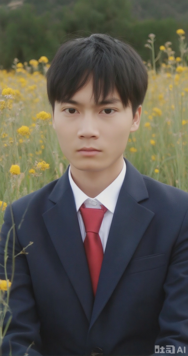 a boy,necktie,male focus,solo,black hair,shirt,formal,flower,looking at viewer,red necktie,realistic,white shirt,suit,jacket,yellow flower,outdoors,field,collared shirt,upper body,blue jacket,short hair,grass,blurry,long sleeves,belt,, best quality,High Quality,realistic,RAW photo,masterpiece,8k,insane details,High detail,hyperdetailed,
Lighting,Master Lighting,film grain,