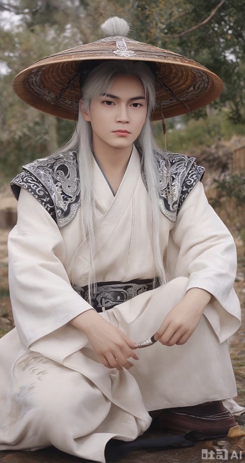The image is a digital illustration of a young man wearing a traditional Chinese outfit. He is sitting on the ground with his legs crossed and his hands resting on his knees. The outfit is white with intricate black and silver designs on the shoulders and sleeves. The man has long white hair and is wearing a large, wide-brimmed hat with a pom-pom on top. He has a serious expression on his face and is looking directly at the camera. The background is blurred, but it appears to be a wooded area with trees and bushes. The overall mood of the image is peaceful and serene.