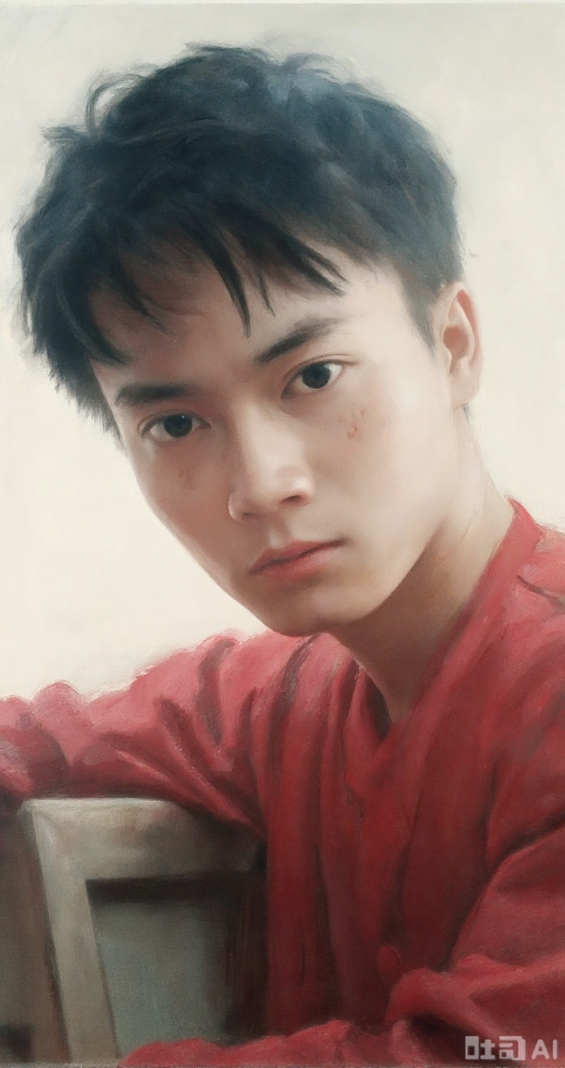 Clear lines, contrast of light and dark, delicate texture, blurred texture, high-end sense, clear, delicate rendering, beautiful eyes, and detailed facial features. Feeling affectionate eyes, beauty moles, thick painting illustration style, youthfulness, hazy feeling, facial shadows, rich details, ancient style handsome boy, wearing a red robe, looking down on a chair, sitting on a dynamic movement, oil painting texture, delicate texture