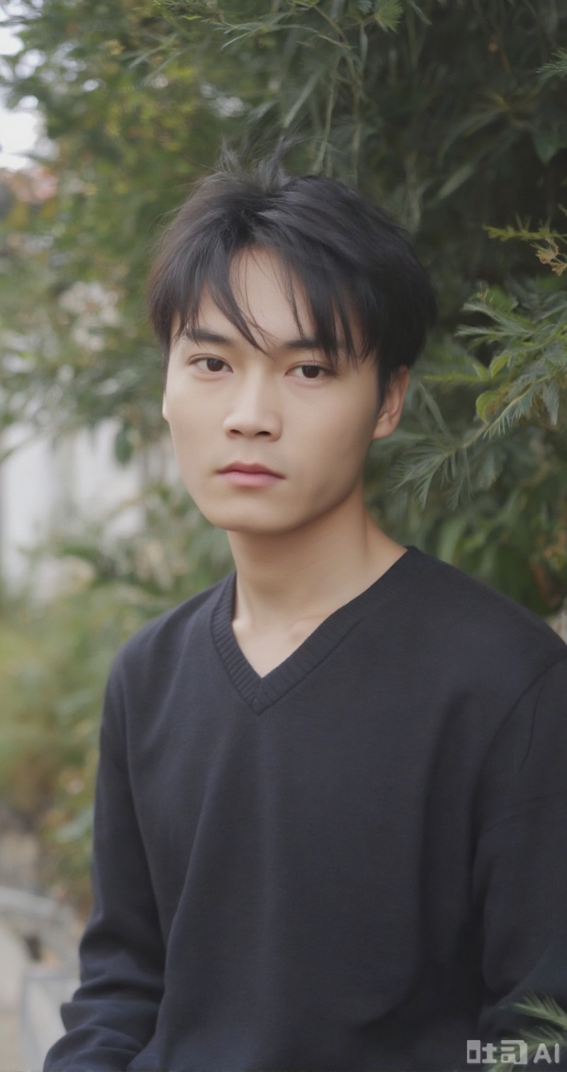 Asian handsome man, with slightly moving hair, blinking eyes, and the surrounding plants move slightly, and the windy