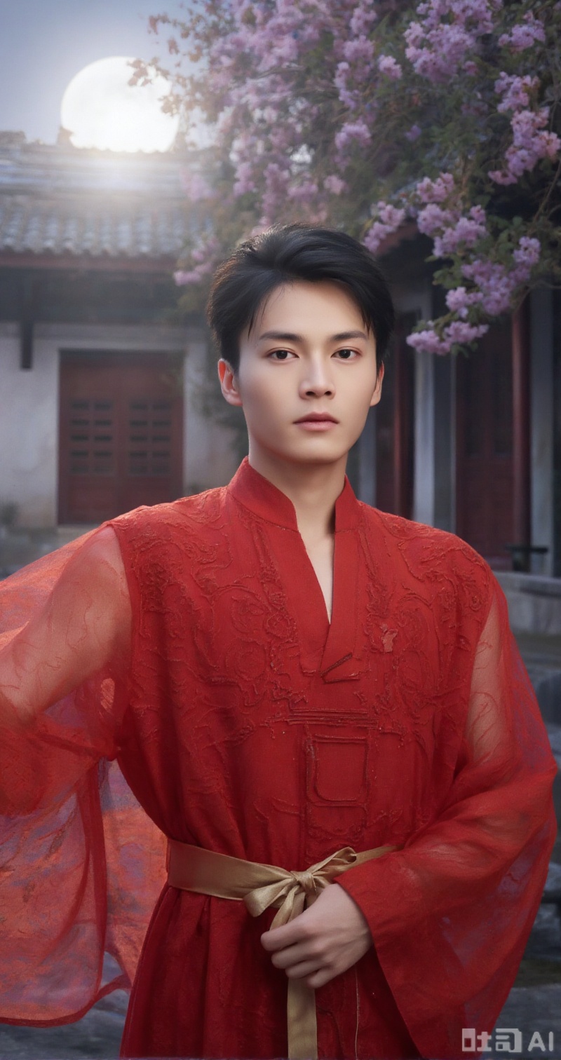 A handsome and evil man from ancient China, with a bit of charm at the corners of his eyebrows and eyes, his eyes seem to be drunk but not drunk, and he is full of affection. The bridge of the nose is straight and the lips are rosy as cherries. He was wearing a thin red gauze dress, his clothes fluttered, revealing his fair skin. A golden ribbon is tied around her waist, swaying lightly in the wind. Behind him is the quaint flower building courtyard, and the moonlight is like water on him. The close-up shot captures his expression, and the side light outlines his charming outline.