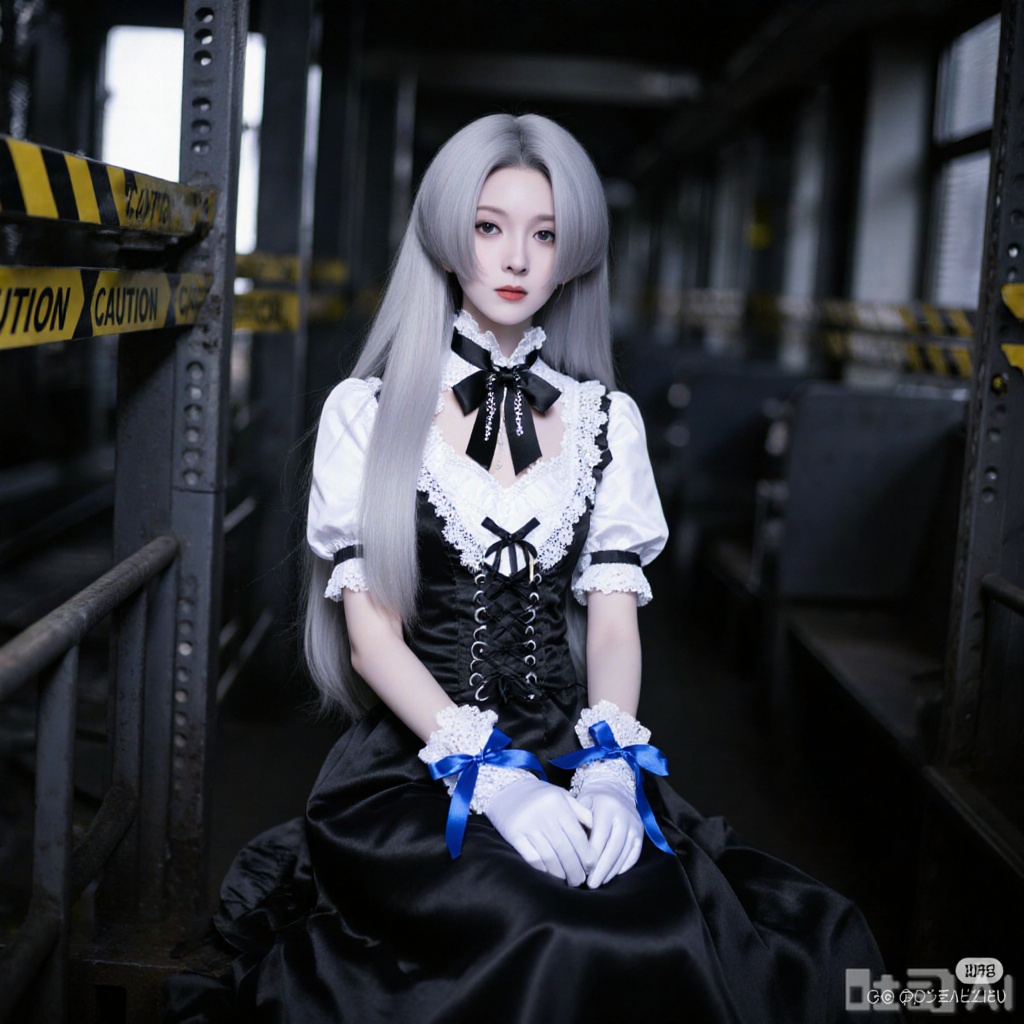 A full body shot of a slender, perfectly proportioned 1girl in a Victorian-inspired dress, sitting on a train seat. Long silver-white hair cascades over her shoulders. Pale complexion, slightly downcast eyes. White and black dress with ruffles, black bow, lace-up details, and a long black skirt. White gloves with lace cuffs, blue ribbons tied around her wrists, and black shoes with bows. Dimly lit, industrial-looking background with metal structures and caution tape. Moody lighting highlights her from the front. Detailed, realistic anime style. (Foreground: 1.5, Background: 1.5) (nsfw: -1.5)