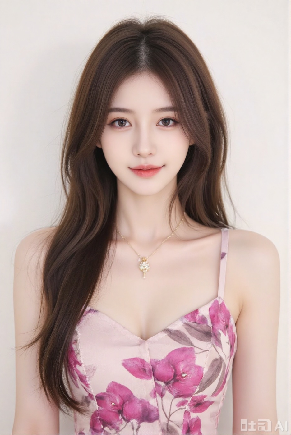 1girl, ((extremely detailed CG)), ((8k wallpaper)), solo, long hair, (looking at viewer:1.2), (sweet smile), (flat illustration), hair ornament, dress, jewelry, upper body, necklace, earrings,  fuchsia and pink print silk dress, white background, (flat color:1.2), flat light, (Medium Full Shot), from head to hip, Frontal View, eye level view, CG美女, large bresats