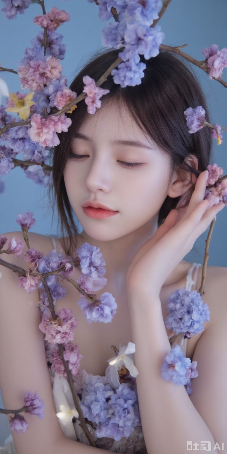 nervous,A surreal and vibrant photograph of a woman's face surrounded by colorful flowers and branches. The woman has light skin and dark hair,which is partially covered by the branches. Her eyes are closed,and she has a calm expression on her face. The flowers are a mix of blue,pink,and purple,with some petals falling around her. The background is a gradient of blue,adding to the dreamy and ethereal atmosphere of the image. The lighting is soft and diffused,creating a gentle glow on her face and the flowers. The overall effect is one of peace and tranquility,with the natural elements blending seamlessly with the human subject. The image has a high level of detail and clarity,with the textures of the flowers and branches clearly visible. The composition is centered on the woman's face,which is framed by the colorful flowers and branches. The colors are vibrant and saturated,creating a striking contrast between the natural elements and the human subject. The photograph has a dreamy and surreal quality,with a strong emphasis on the beauty and tranquility of nature. The image is a high-resolution digital photograph,with a wide depth of field that keeps the entire scene in sharp focus. The lighting is soft and diffused,creating a gentle glow on her face and the flowers.,