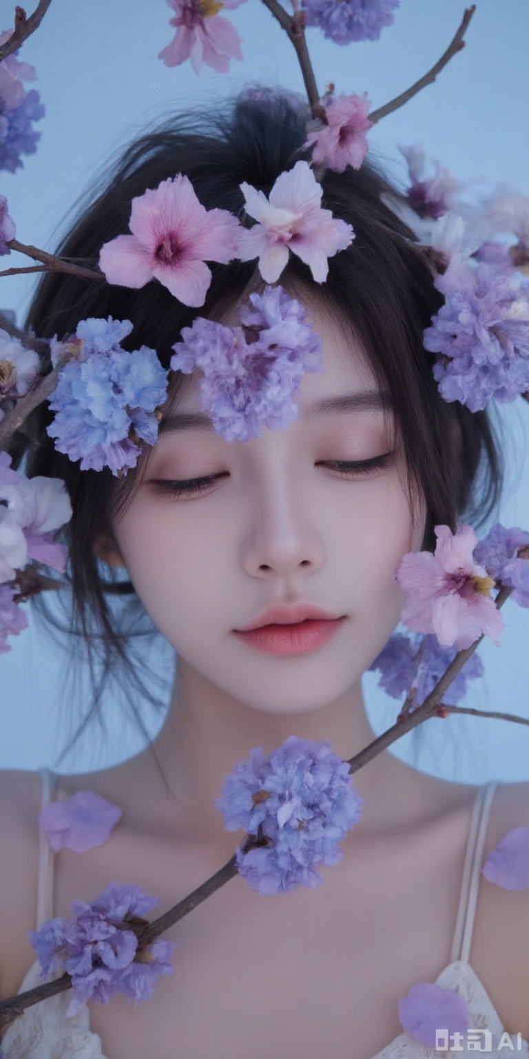 nervous,A surreal and vibrant photograph of a woman's face surrounded by colorful flowers and branches. The woman has light skin and dark hair,which is partially covered by the branches. Her eyes are closed,and she has a calm expression on her face. The flowers are a mix of blue,pink,and purple,with some petals falling around her. The background is a gradient of blue,adding to the dreamy and ethereal atmosphere of the image. The lighting is soft and diffused,creating a gentle glow on her face and the flowers. The overall effect is one of peace and tranquility,with the natural elements blending seamlessly with the human subject. The image has a high level of detail and clarity,with the textures of the flowers and branches clearly visible. The composition is centered on the woman's face,which is framed by the colorful flowers and branches. The colors are vibrant and saturated,creating a striking contrast between the natural elements and the human subject. The photograph has a dreamy and surreal quality,with a strong emphasis on the beauty and tranquility of nature. The image is a high-resolution digital photograph,with a wide depth of field that keeps the entire scene in sharp focus. The lighting is soft and diffused,creating a gentle glow on her face and the flowers.,