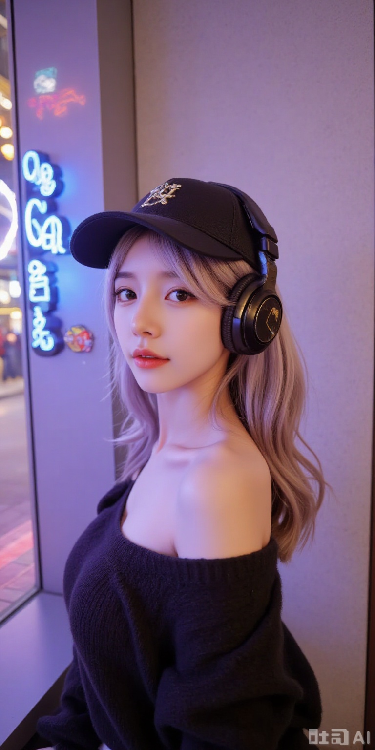 Girl, high resolution, 8K, exquisite beauty, colorful, ray tracing, side, OC rendering, fair skin, bangs, silver hair, baseball cap and headphones, off-shoulder sweater, cyberpunk style, surrealism, high-end, dynamic beauty, atmospheric, hazy beauty, bright, minimalist style, character motion blur photography, high-end strong motion blur and dynamic blur, blur so that only the character outline can be seen, full-body photo