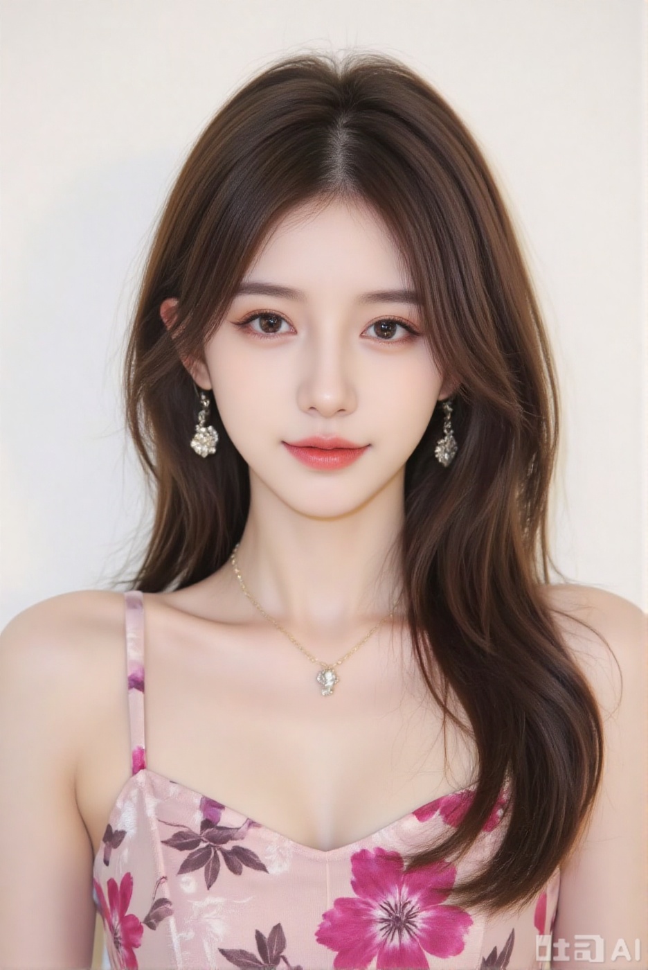 1girl, ((extremely detailed CG)), ((8k wallpaper)), solo, long hair, (looking at viewer:1.2), (sweet smile), (flat illustration), hair ornament, dress, jewelry, upper body, necklace, earrings,  fuchsia and pink print silk dress, white background, (flat color:1.2), flat light, (Medium Full Shot), from head to hip, Frontal View, eye level view, CG美女, large bresats