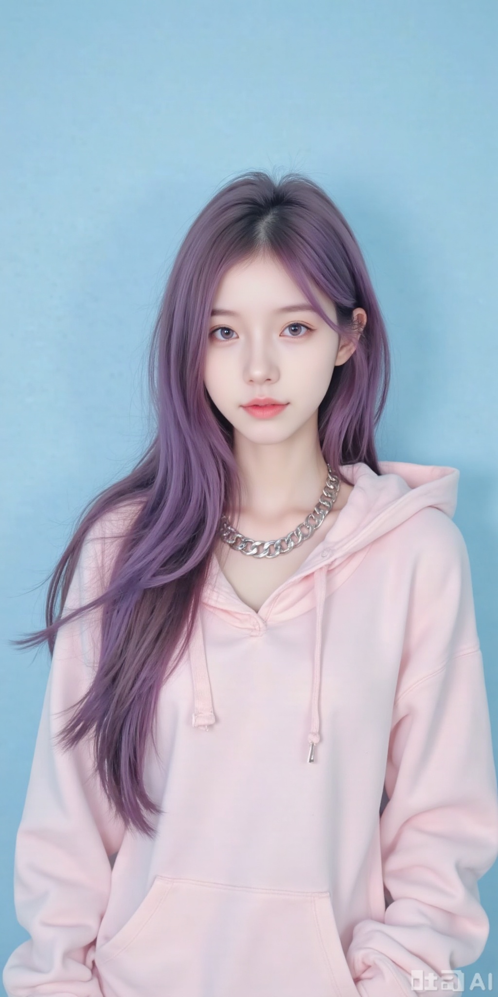 a medium-angle shot of a young Asian girl with long vibrant purple hair stands in front of a light blue backdrop. Her eyes are a deep blue and her lips are a vibrant pink. Her hair is cascading down her right shoulder framing her face. She is wearing a light pink hoodie adorned with a silver chain around her neck adding a pop of color to her outfit. The backdrop is a stark light blue creating a stark contrast to the girl's purple hair.