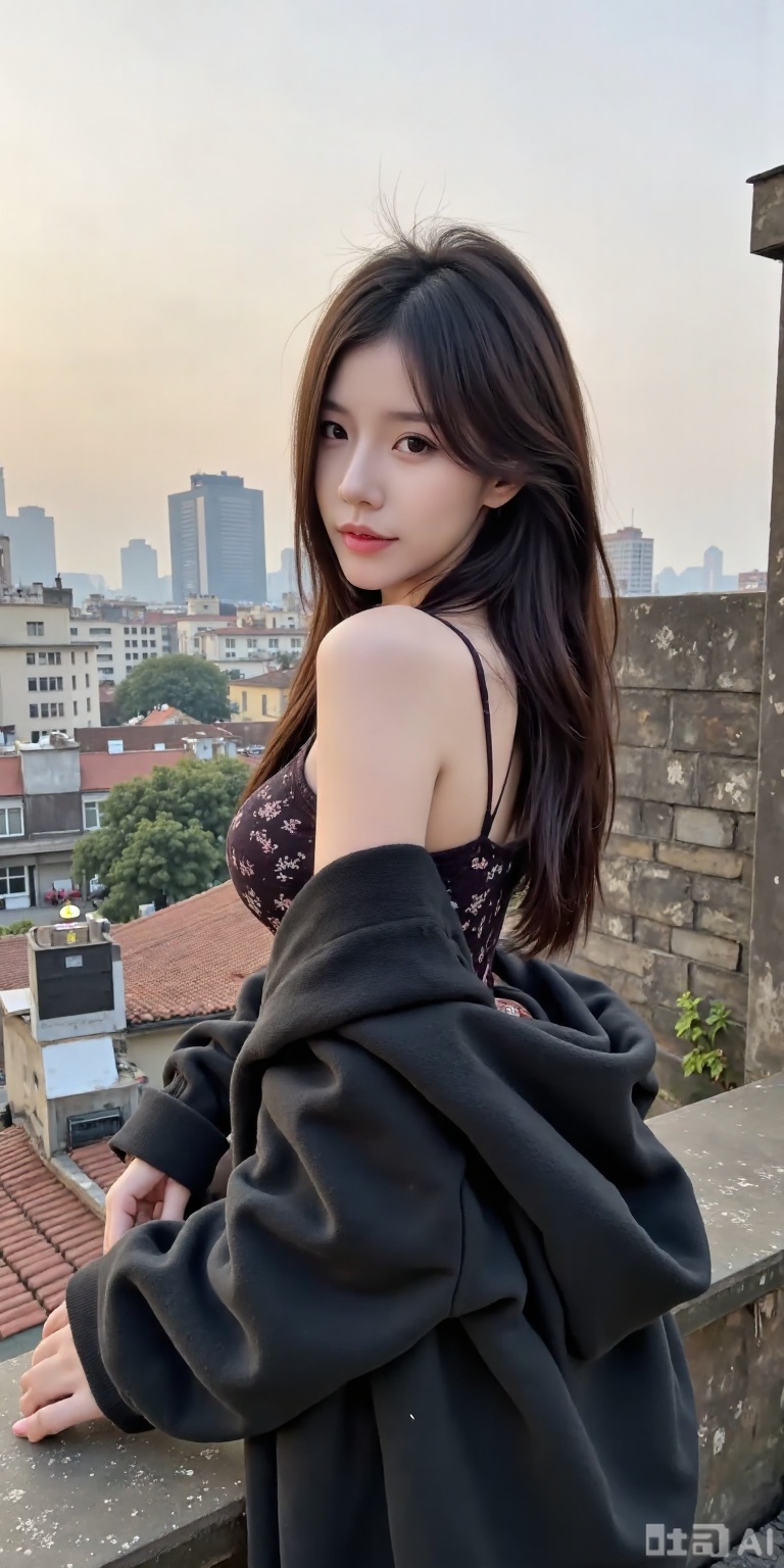 a asian woman, sexy long hair, charming and seductive temperament, distant close-up, golden ratio, movie texture, minimalism, high-end feeling, strong contrast between cold and warm, outdoor scenes,beauty