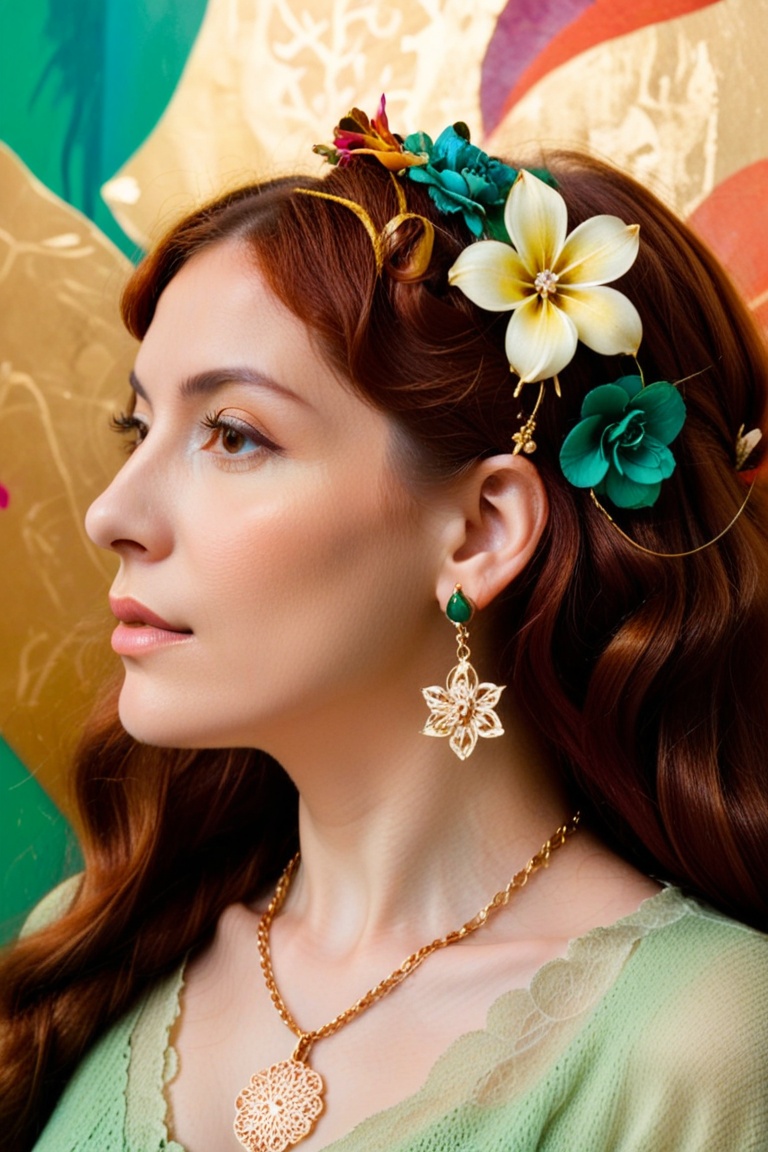 The image depicts a close-up of a woman with long,  wavy,  reddish-brown hair. She is wearing a green garment and has a fl...