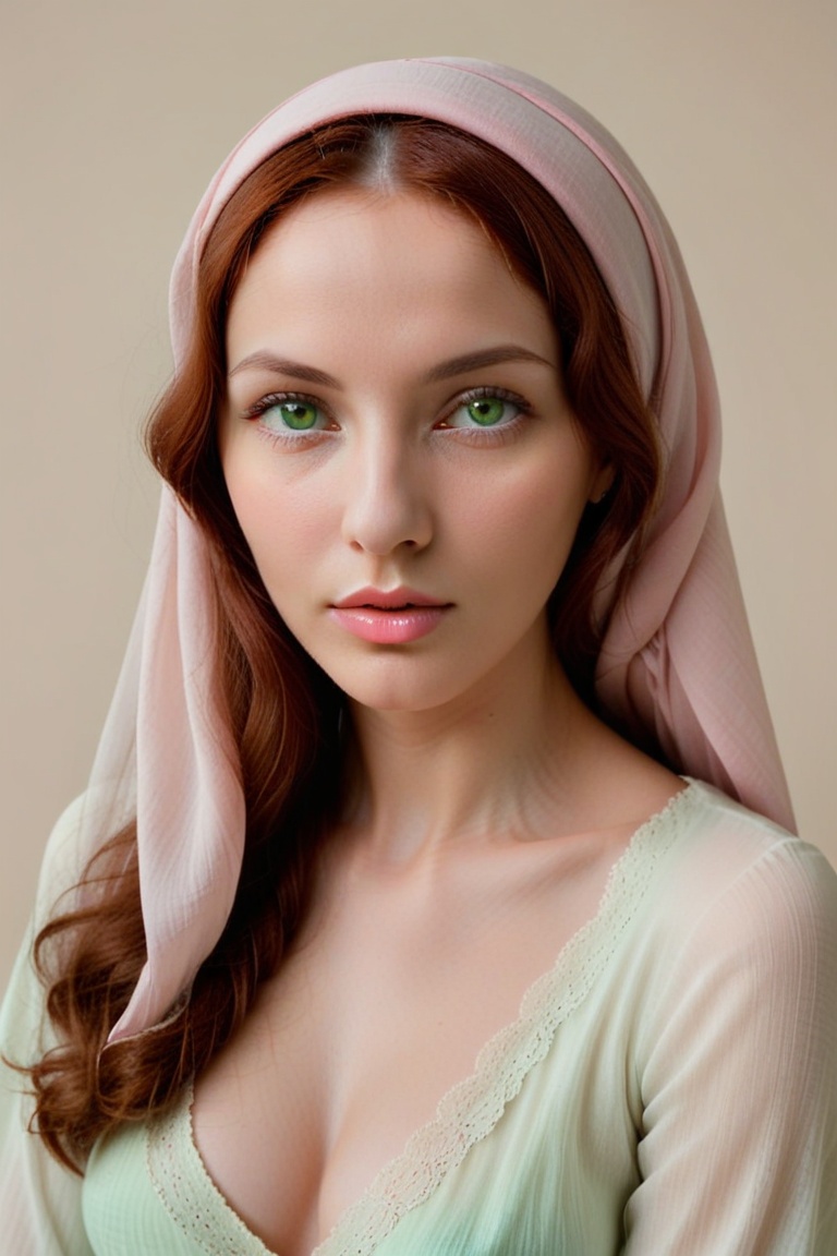 The image depicts a highly detailed and realistic portrait of a woman with long,  wavy,  reddish-brown hair. She is wearin...