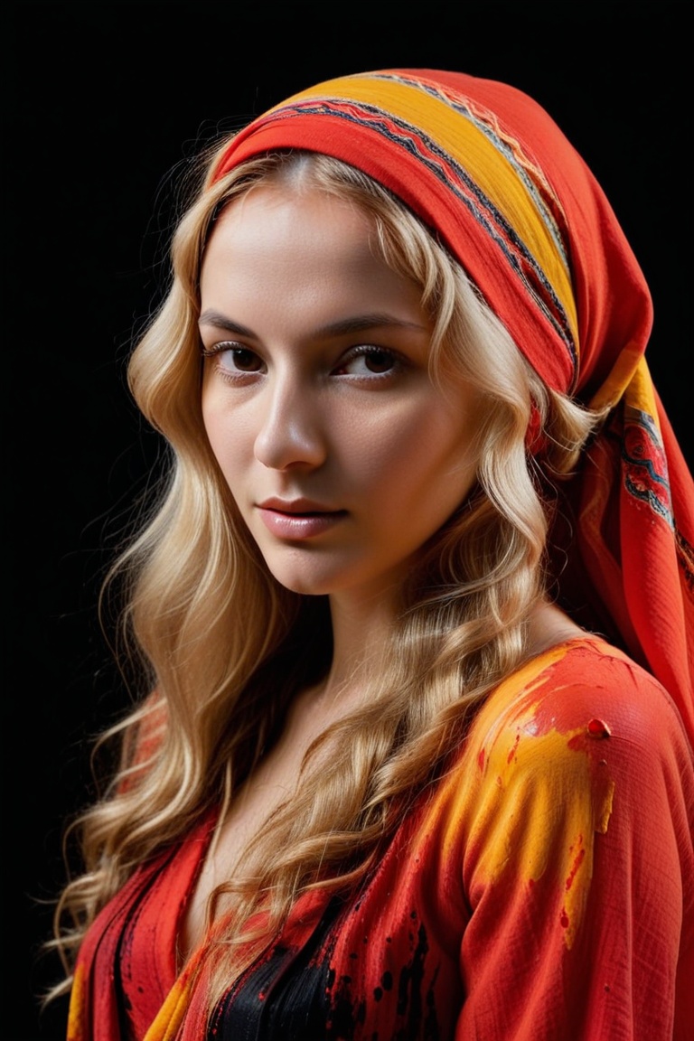 The image depicts a woman with long,  wavy blonde hair,  wearing a colorful headscarf and draped in a red and orange garme...