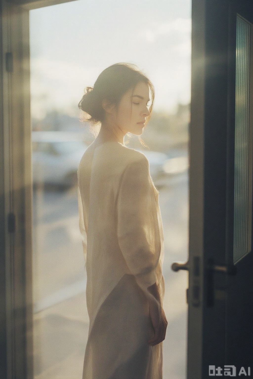 jzbj,Tyndall effect, a woman stands by the door,
