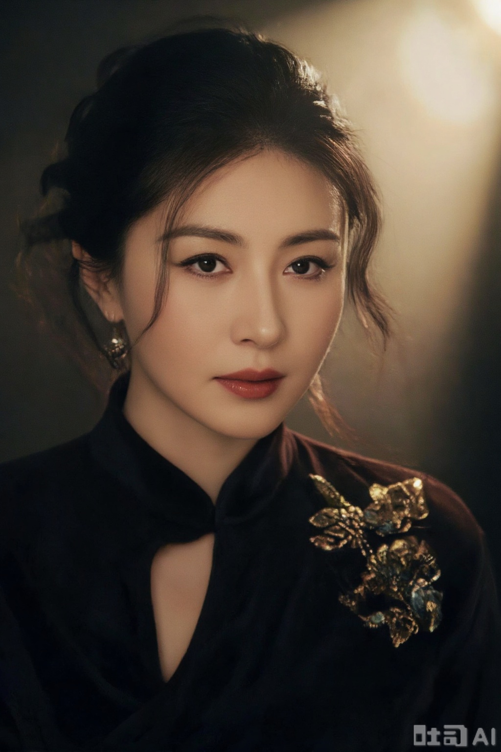 a Chinese actress illuminated by a single spotlight, set against a deep black background. Her expression is poised and timeless, echoing 1950s Shanghai glamour. She's wearing a dark velvet cheongsam with subtle embroidery, and a classic wave hairstyle. Shot with strong chiaroscuro lighting, detailed texture emphasis, deep shadows, and emotional intensity — reminiscent of classic Hollywood portraiture,jzbj,Tyndall effect,Tyndall effect light,plns,xzs,oriental woman
