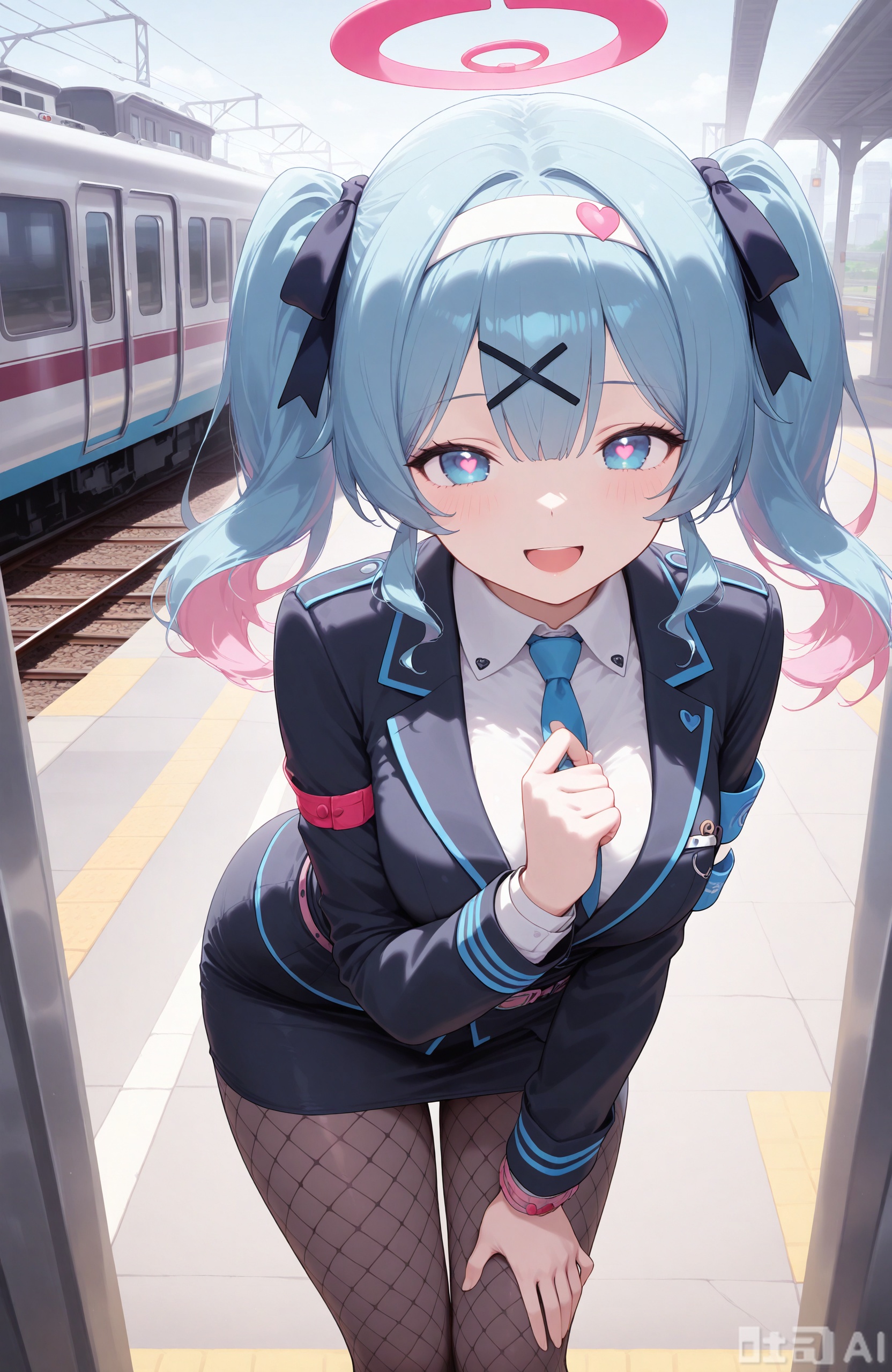 masterpiece,best quality,high quality, 1girl,ymbol-shaped pupils, tuzidong, twintails, white hairband,blue_eyes, loves,long hair,white gloves,pantyhose,breasts,skirt,white shirt,blue necktie,necktie,shirt,jacket,black jacket,very long hair,train,hat,train station,long sleeves,looking at viewer,open mouth,smile,leaning forward,hair between eyes,collared shirt,black skirt,large breasts,bangs,belt,pencil skirt,black headwear,solo,garrison cap,:d,blush,uniform,fishnet socks,ground vehicle,armband,hand on own thigh,solo focus,