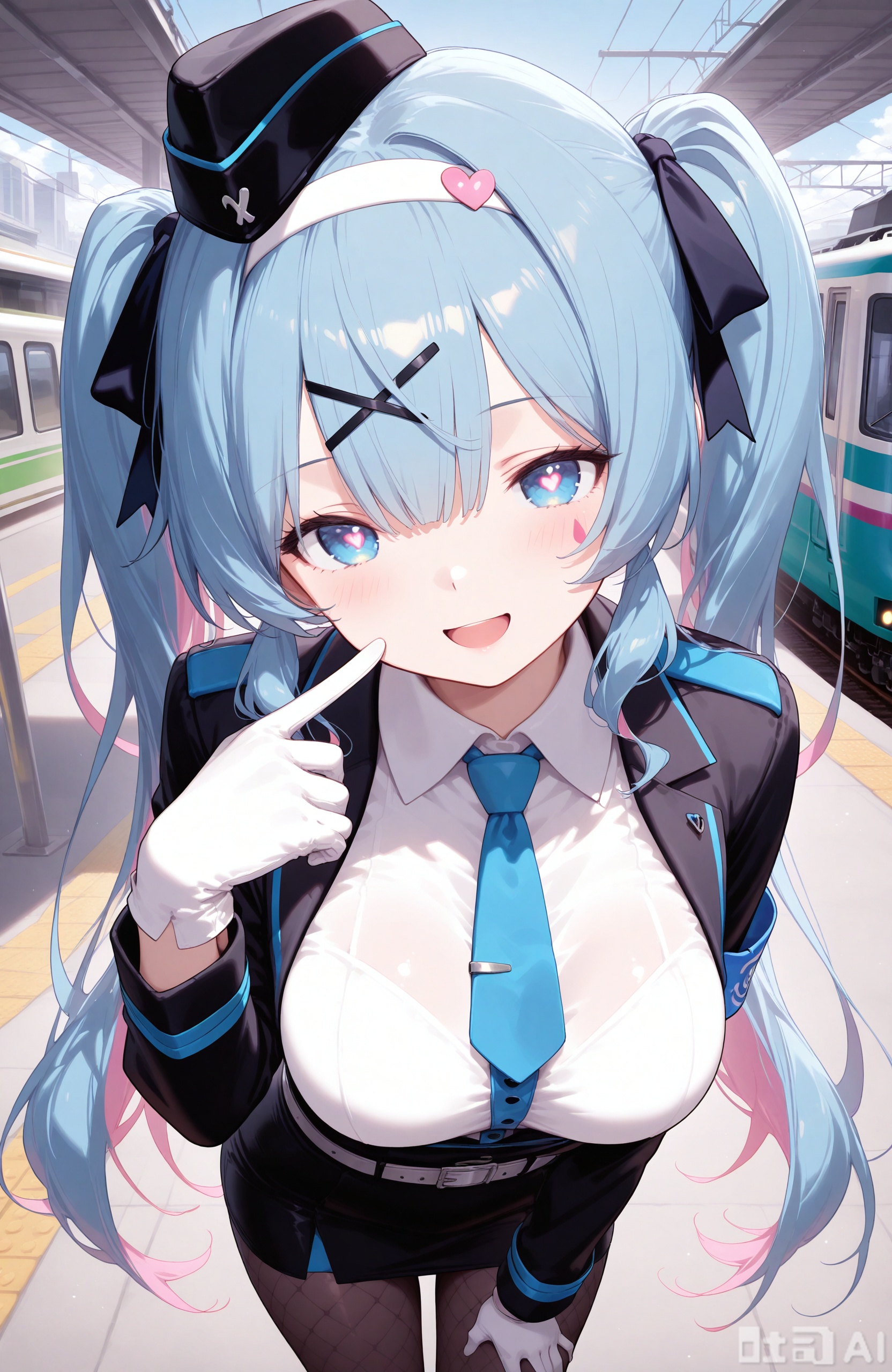 masterpiece,best quality,high quality, 1girl,ymbol-shaped pupils, tuzidong, twintails, white hairband,blue_eyes, loves,long hair,white gloves,pantyhose,breasts,skirt,white shirt,blue necktie,necktie,shirt,jacket,black jacket,very long hair,train,hat,train station,long sleeves,looking at viewer,open mouth,smile,leaning forward,hair between eyes,collared shirt,black skirt,large breasts,bangs,belt,pencil skirt,black headwear,solo,garrison cap,:d,blush,uniform,fishnet socks,ground vehicle,armband,hand on own thigh,solo focus,