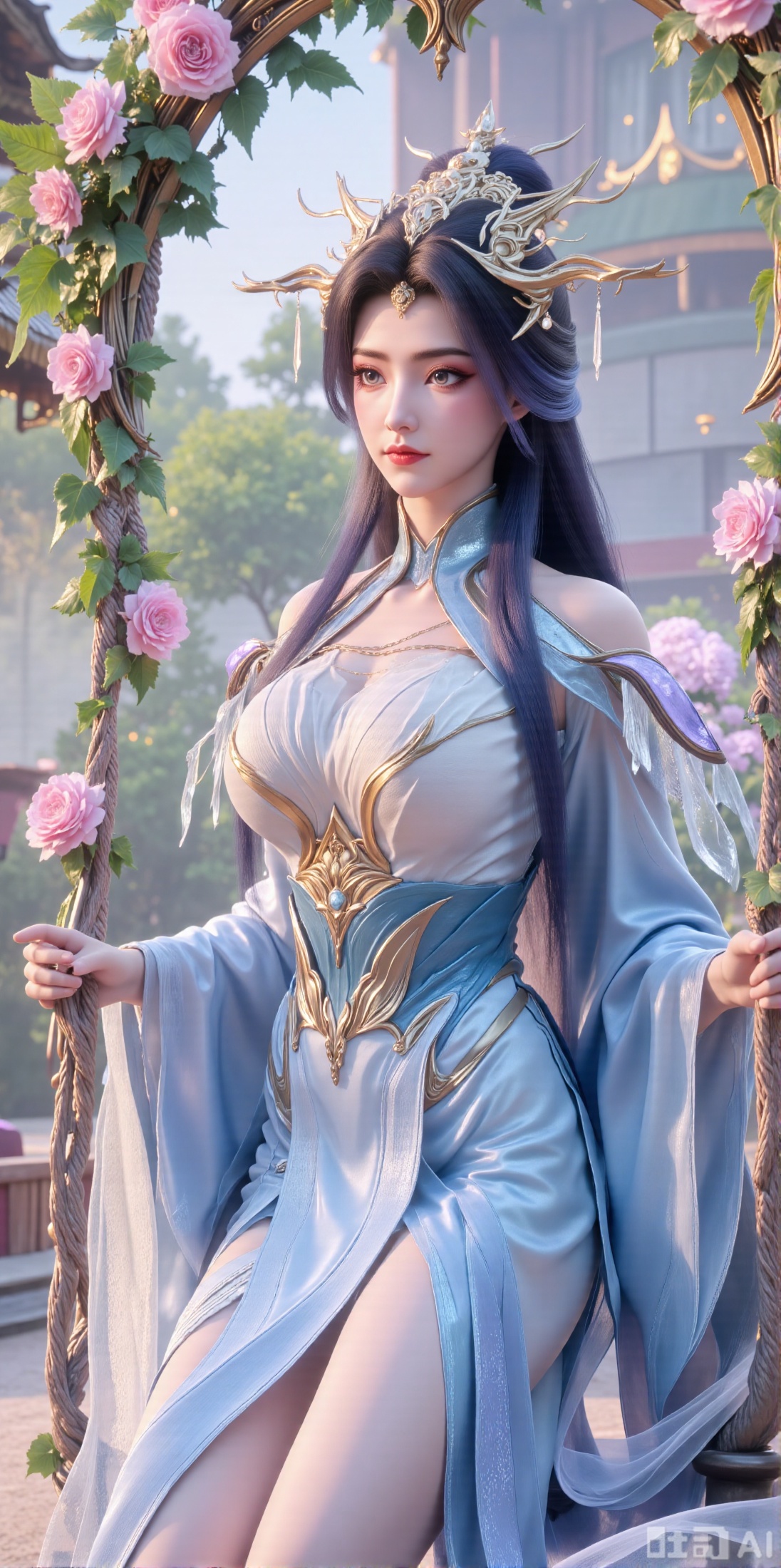(masterpiece, best quality:1.2),In a cinematic shot with soft sunlight filtering through petals, a delicate fairy-like beauty swings gently on a flower swing amidst a whimsical garden. She wears a pale blue hanfu with flowing wide sleeves and a translucent silk sash tied around her slender figure. Her long black hair with blue highlights cascades down her back, adorned with a pearl hairpin. A gentle smile plays on her innocent eyes as she floats above the flowers, surrounded by fluttering butterflies and golden pollen particles. Magical runes float in the air, casting an ethereal glow. Vines wrap around the ropes of the swing, intertwined with roses and morning glories. The pastel color palette and fantasy atmosphere evoke a sense of wonder and enchantment.,(huge breasts:2.99),(full breasts:2.99),XyunxiaoYH3,Xfenlanzhanguopao,XbaifengsongyuYH,Xbigbreasts,XLiquidGlass,XnanxiaochengYH,Xmiaozufushi,Xkejinnudi,Xbiji