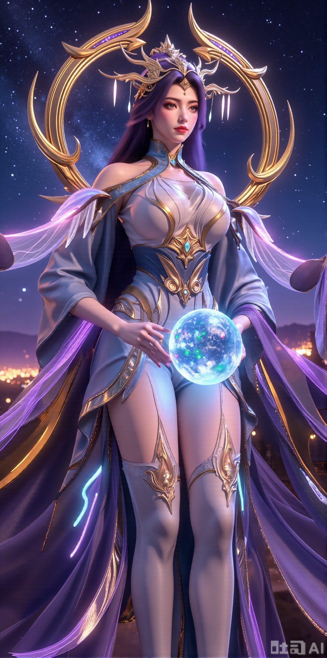 (masterpiece, best quality:1.2),Realistic details, ultra-clear, wallpaper, 8k, masterpiece, masterpiece, best quality, high quality, flowing long hair, exquisite hair accessories, headdresses, cyberpunk electronic luminous clothing, full body multi-luminous line light strips, cyberpunk luminous lines colorful. The sacred light, the cosmic space background, the planets of different colors around, the nebula flows, the stars twinkle, the golden willow branches stretch, holding an earth with both hands, the details of the earth's surface, the texture of mountains, rivers and oceans, the surrounding planets, planets of all sizes, traces of planets orbits, dreamy light and shadow effects.,(huge breasts:2.99),(full breasts:2.99),,XyunxiaoYH3,Xfenlanzhanguopao,XbaifengsongyuYH,Xbigbreasts,XLiquidGlass,XnanxiaochengYH,Xmiaozufushi,Xkejinnudi,Xbiji