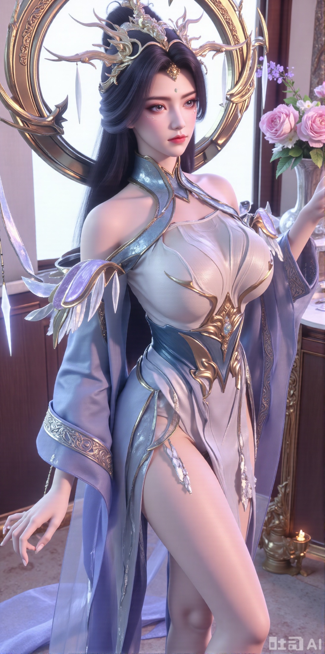  (masterpiece:1.2),Ultra clear, 8k, 1girl, solo, long hair, looking at viewer, bangs,long dress,, bare shoulders, jewelry, black hair, standing, purple eyes, full body, flower, thighs, indoors, hair bun, long dress, high heels, cup, see-through, book, bare legs, window, table, white footwear, standing on one leg, curtains, pink flower, side slit, vase, ,(huge breasts:2.99),(full breasts:2.99),XyunxiaoYH3,Xfenlanzhanguopao,XbaifengsongyuYH,Xbigbreasts,XLiquidGlass,XnanxiaochengYH,Xmiaozufushi,Xkejinnudi,Xbiji