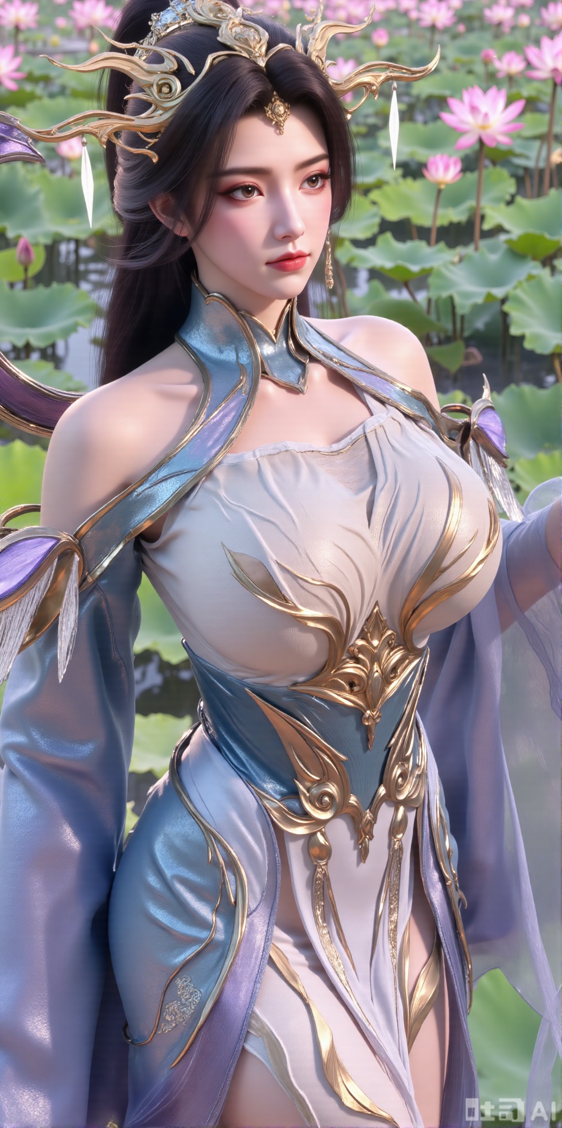  (masterpiece, best quality:1.2),1girl, navel, solo, midriff, bare shoulders, hair ornament,(long hair),(High double ponytail:1.49), red lips, BREAK, (looking at viewer:1.39), chinese clothes,(Holographic long dress:1.36), (lace,Rainbow Gradient Color:1.28), BREAK,blurry, solo focus, long hair, lips, daytime, lipstick, outdoors, standing,upper body,(huge breasts:2.89), background, solo, makeup,(Liquid glass style flowers:1.49),(huge breasts:2.99),(full breasts:2.99),,(Background with lotus pond and pink lotus flowers:1.39),XyunxiaoYH3,Xfenlanzhanguopao,XbaifengsongyuYH,Xbigbreasts,XLiquidGlass,XnanxiaochengYH,Xmiaozufushi,Xkejinnudi,Xbiji